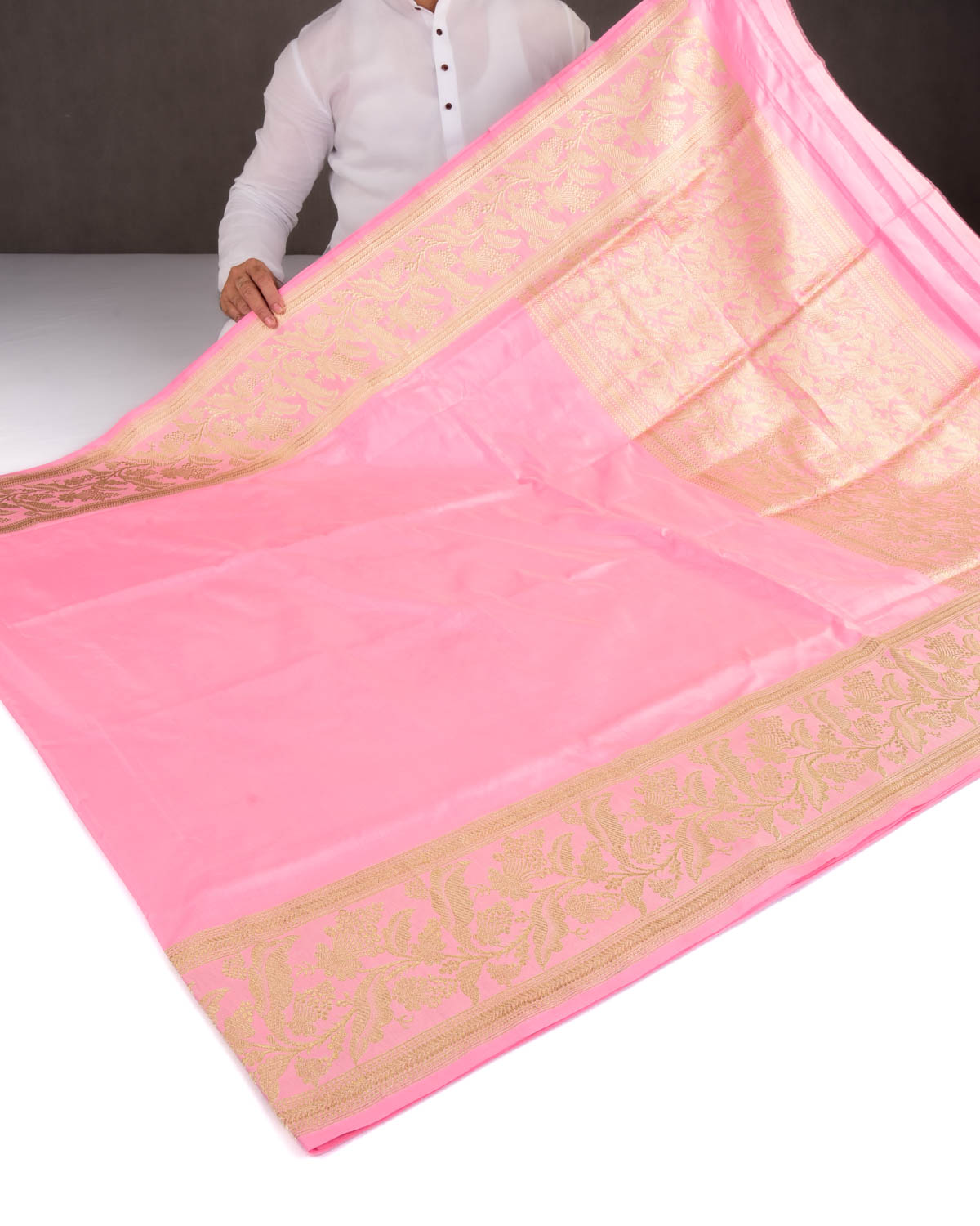 Pink Banarasi Gold Zari Kadhuan Brocade Handwoven Katan Silk Saree-HolyWeaves