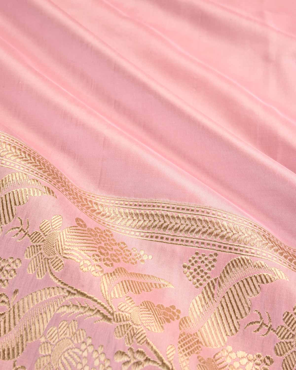 Pink Banarasi Gold Zari Kadhuan Brocade Handwoven Katan Silk Saree-HolyWeaves