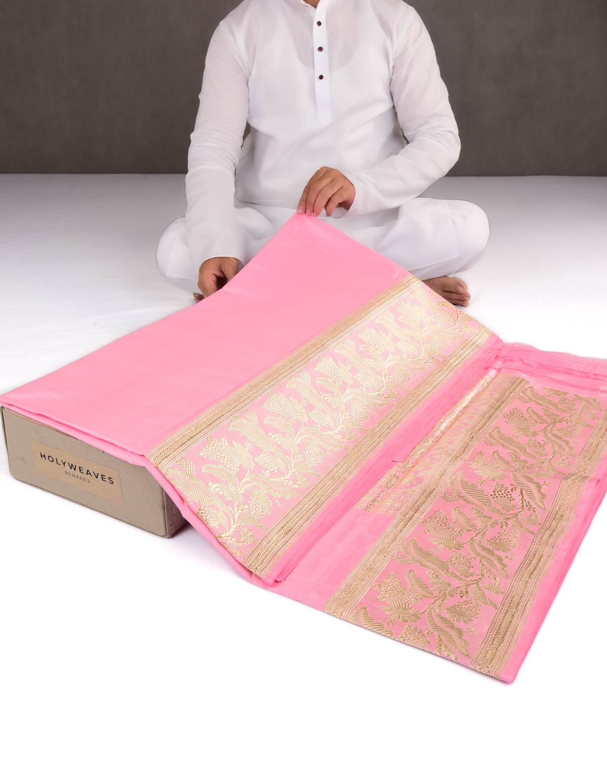 Pink Banarasi Gold Zari Kadhuan Brocade Handwoven Katan Silk Saree-HolyWeaves