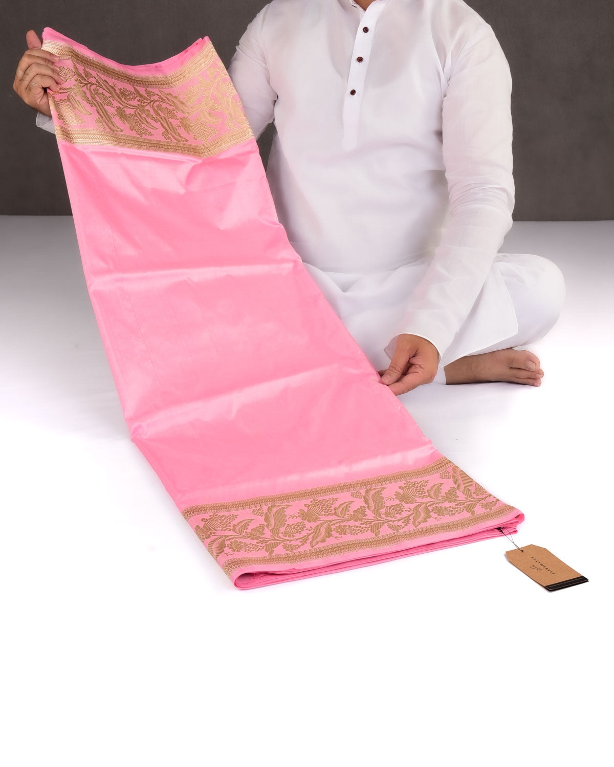 Pink Banarasi Gold Zari Kadhuan Brocade Handwoven Katan Silk Saree-HolyWeaves