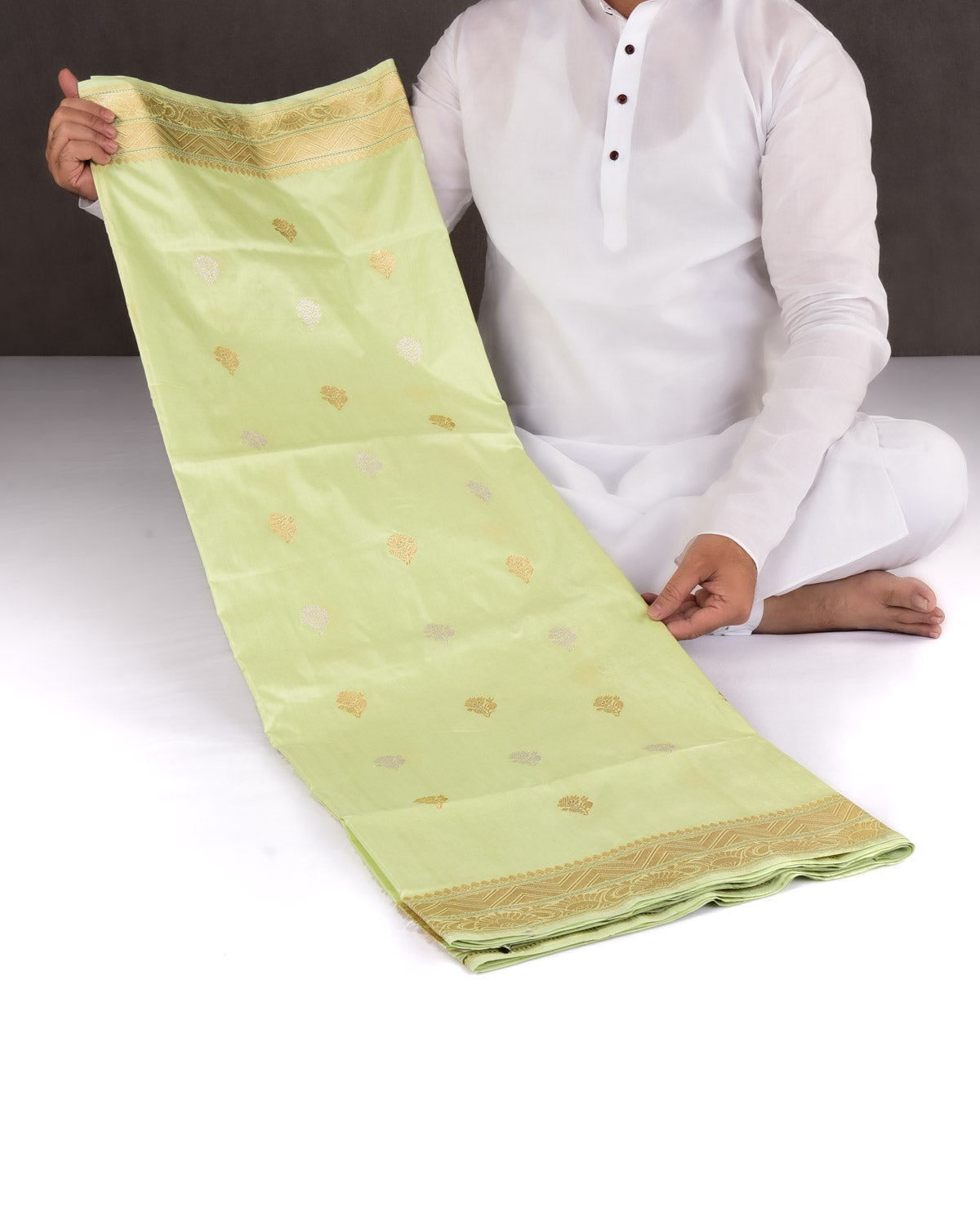 Laurel Green Banarasi Gold & Silver Zari Buti Kadhuan Brocade Handwoven Katan Silk Saree-HolyWeaves