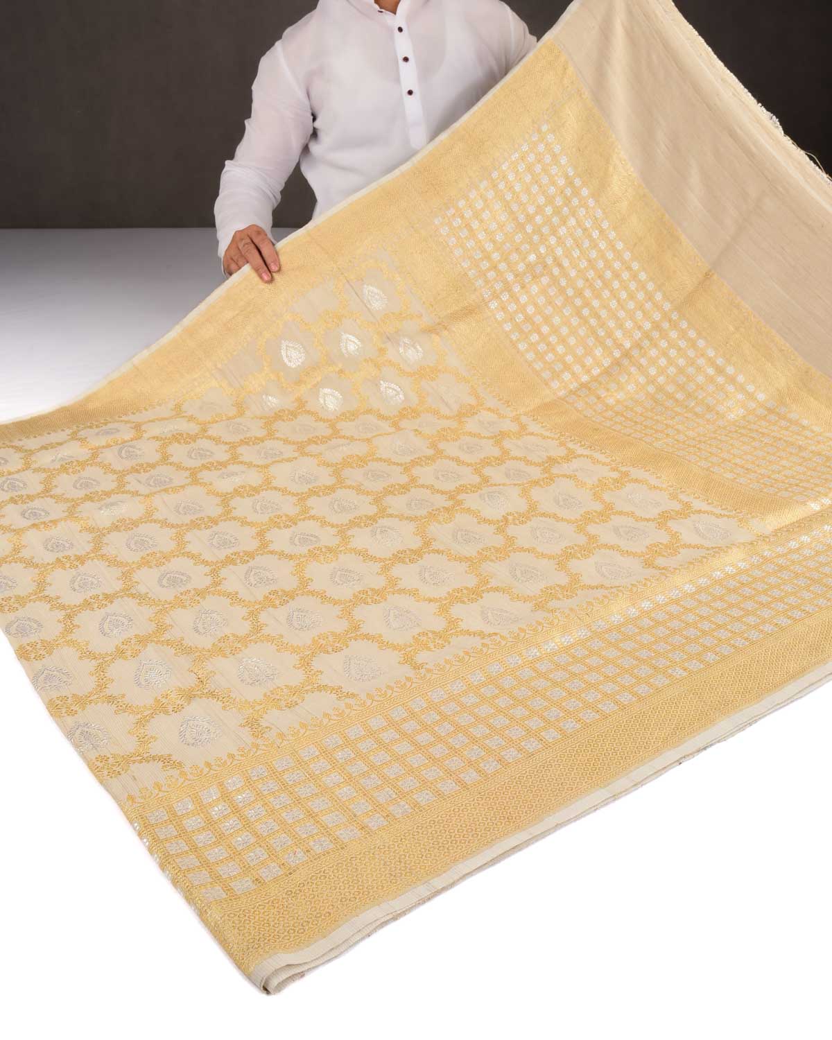 Beige Banarasi Gold & Silver Zari Jangla Buti Kadhuan Brocade Handwoven Tasar Georgette Saree-HolyWeaves