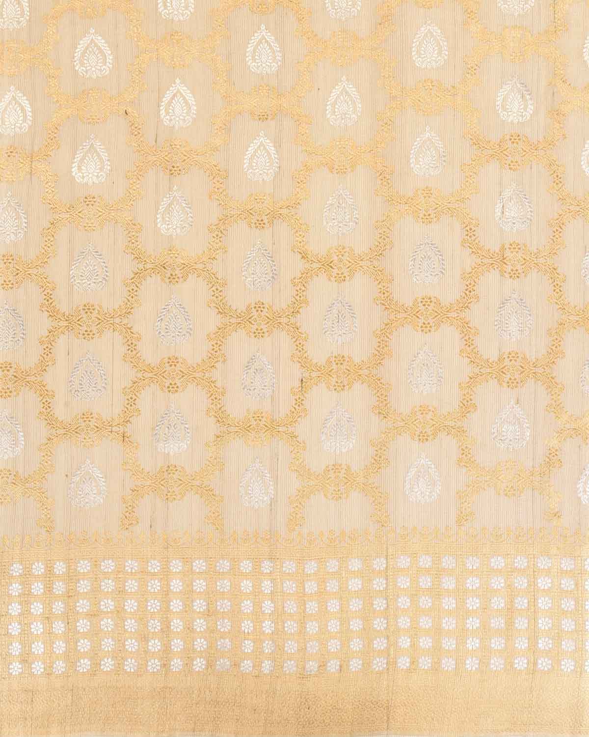 Beige Banarasi Gold & Silver Zari Jangla Buti Kadhuan Brocade Handwoven Tasar Georgette Saree-HolyWeaves