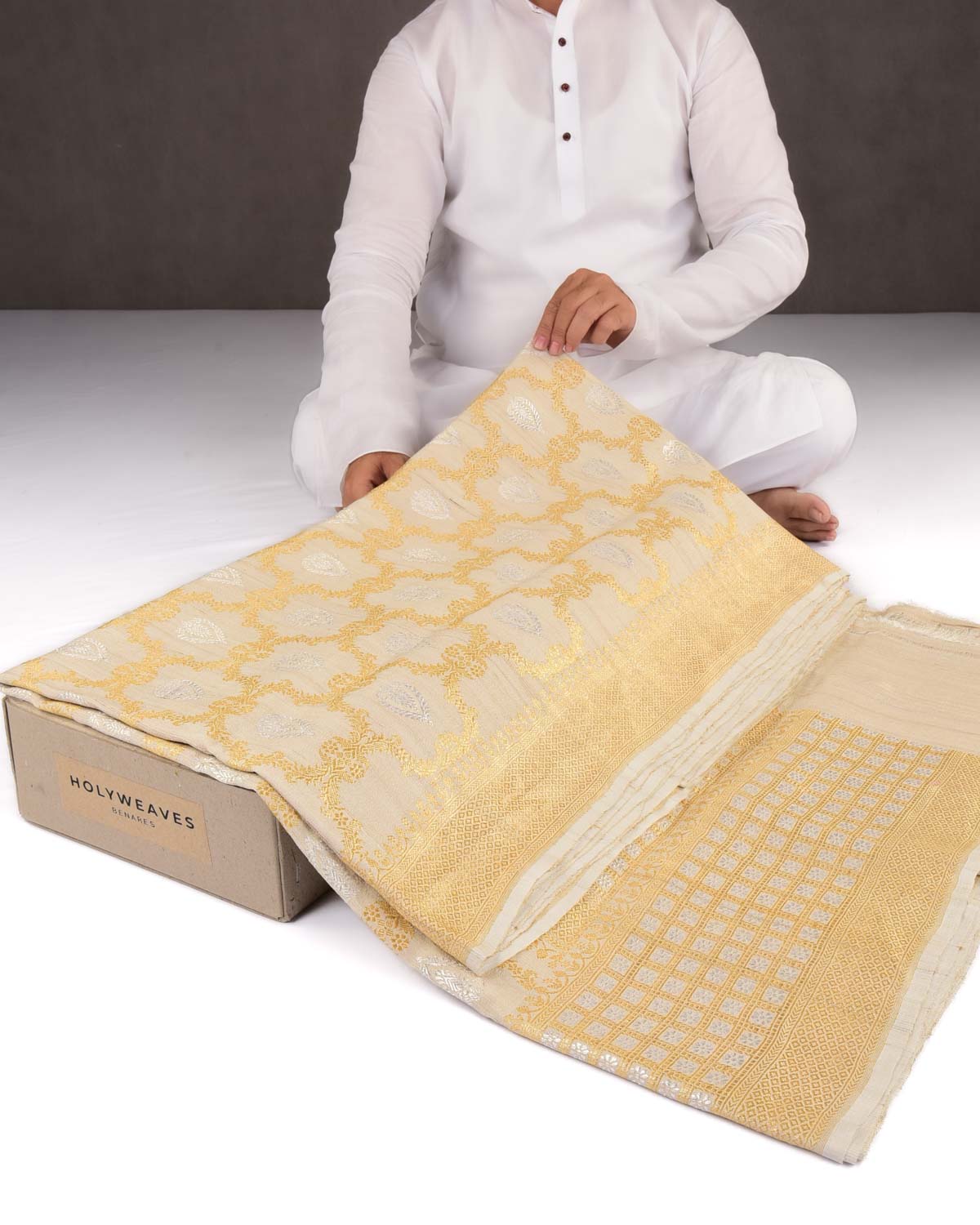 Beige Banarasi Gold & Silver Zari Jangla Buti Kadhuan Brocade Handwoven Tasar Georgette Saree-HolyWeaves