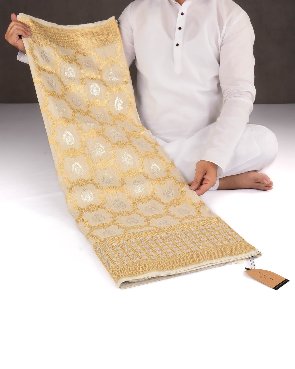 Beige Banarasi Gold & Silver Zari Jangla Buti Kadhuan Brocade Handwoven Tasar Georgette Saree-HolyWeaves