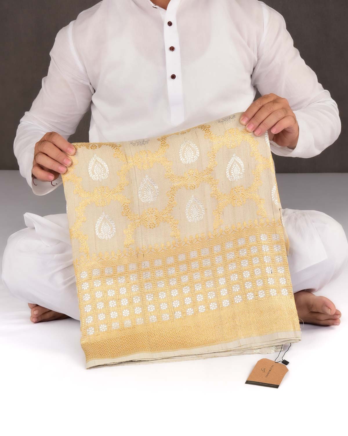 Beige Banarasi Gold & Silver Zari Jangla Buti Kadhuan Brocade Handwoven Tasar Georgette Saree-HolyWeaves