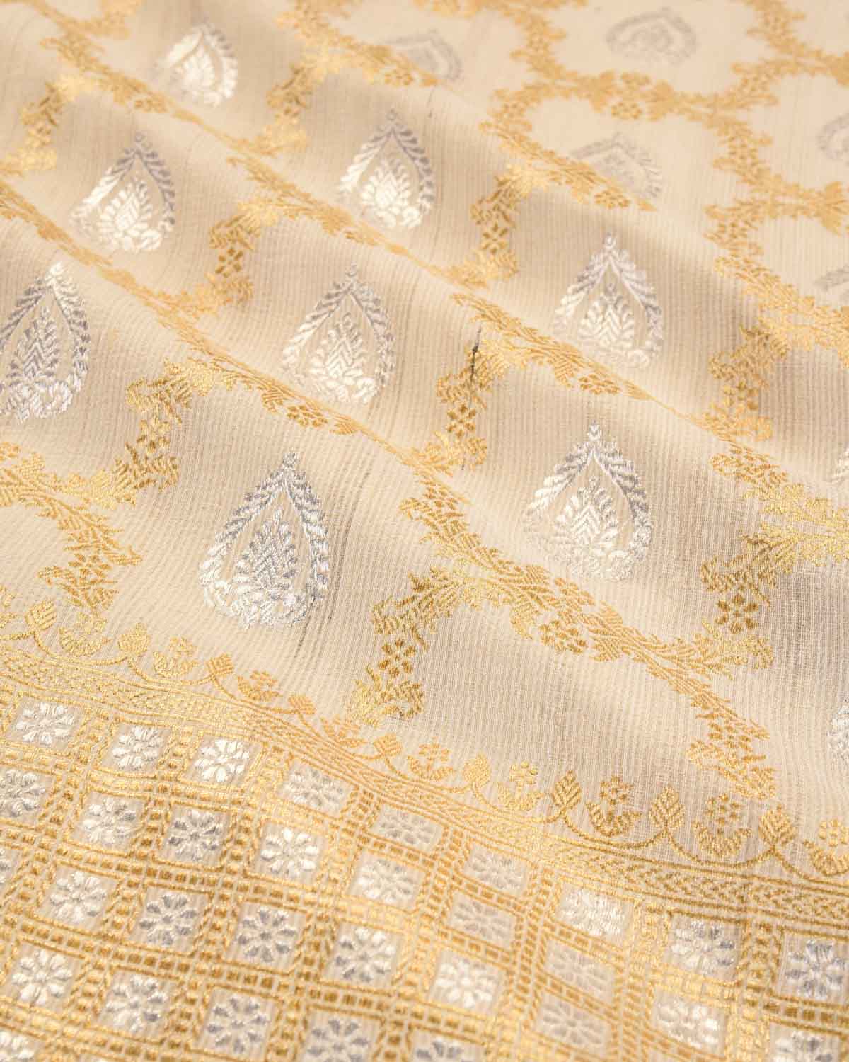 Beige Banarasi Gold & Silver Zari Jangla Buti Kadhuan Brocade Handwoven Tasar Georgette Saree-HolyWeaves