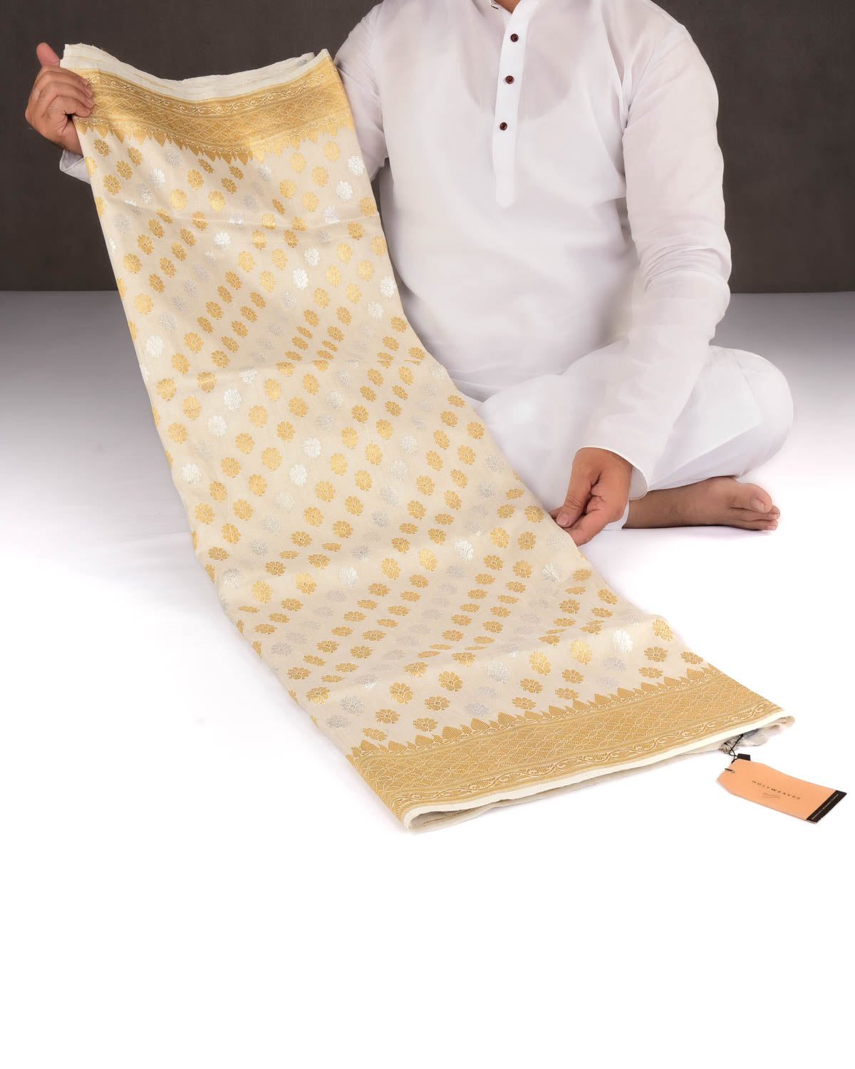 Beige Banarasi Gold & Silver Zari Buti Kadhuan Brocade Handwoven Tasar Georgette Saree-HolyWeaves