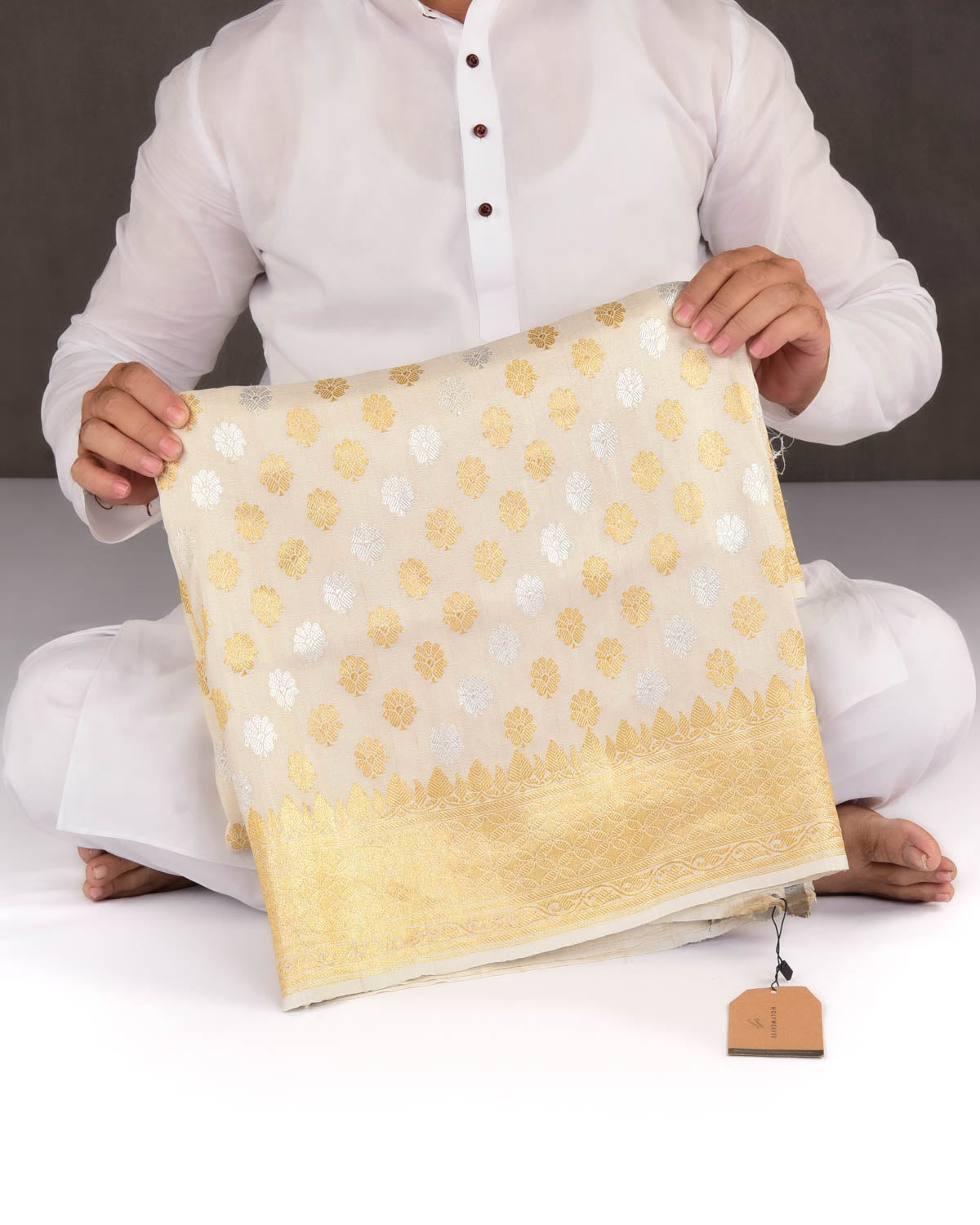 Beige Banarasi Gold & Silver Zari Buti Kadhuan Brocade Handwoven Tasar Georgette Saree-HolyWeaves
