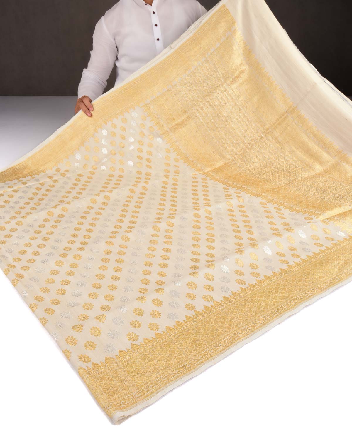 Beige Banarasi Gold & Silver Zari Buti Kadhuan Brocade Handwoven Tasar Georgette Saree-HolyWeaves
