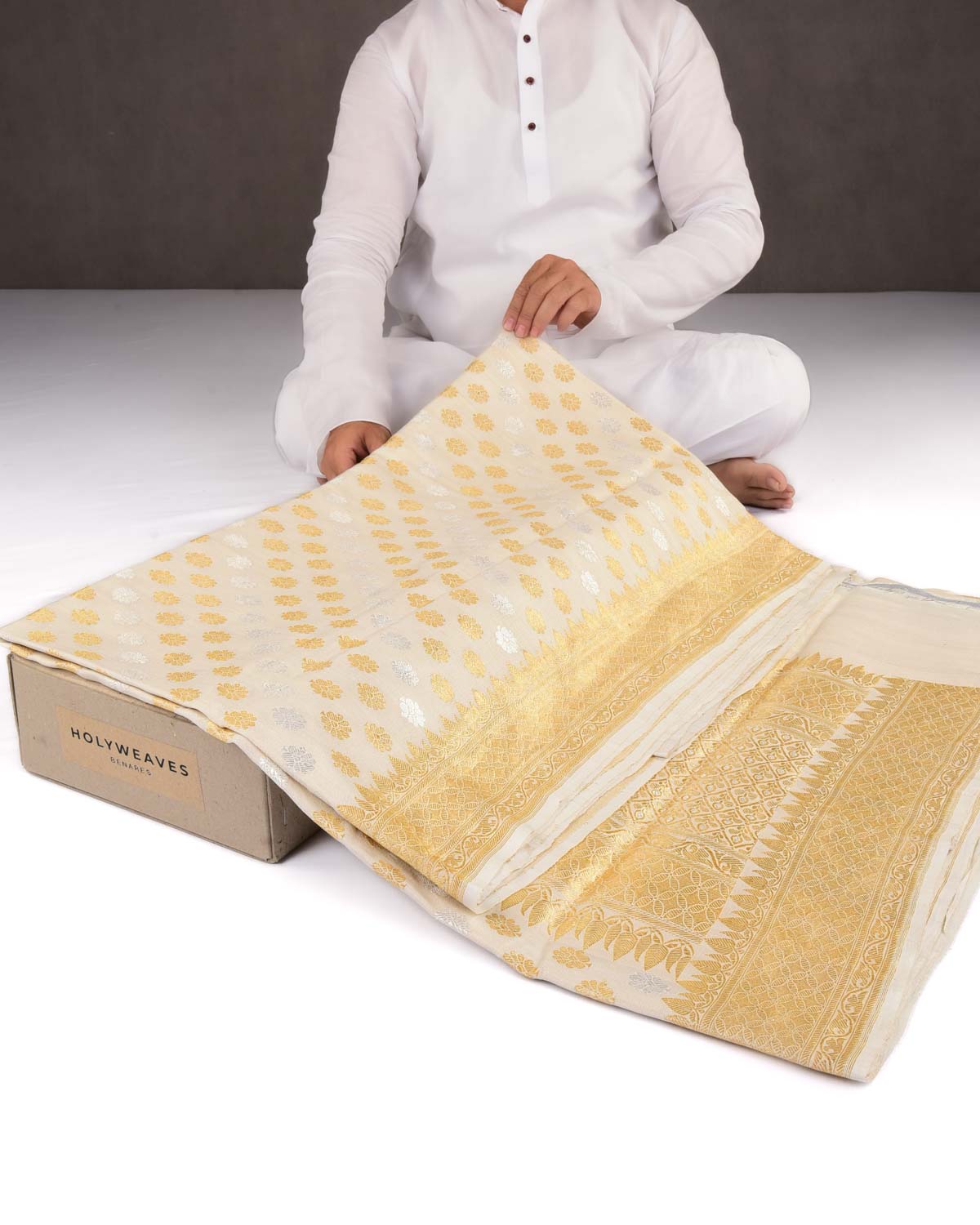 Beige Banarasi Gold & Silver Zari Buti Kadhuan Brocade Handwoven Tasar Georgette Saree-HolyWeaves