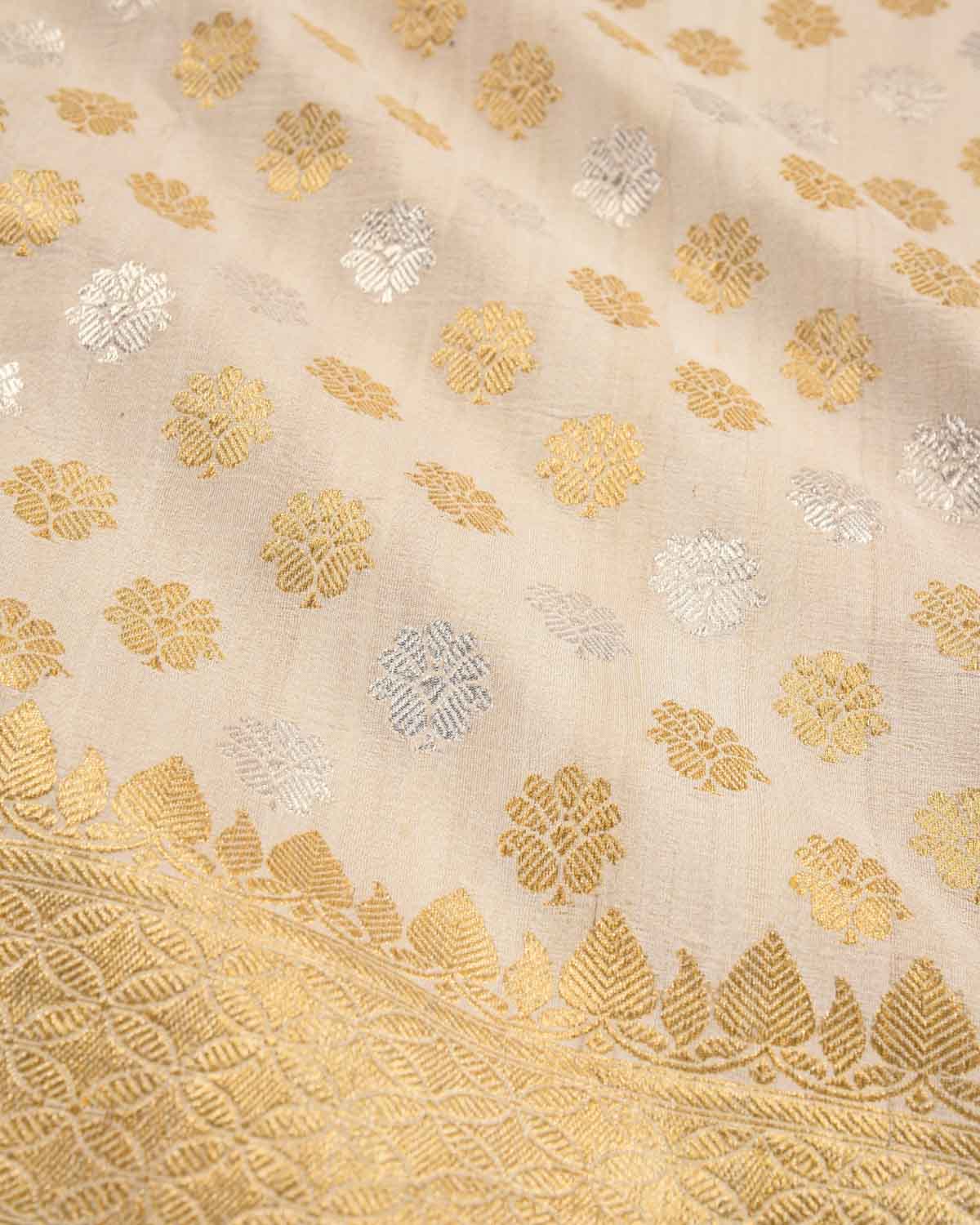 Beige Banarasi Gold & Silver Zari Buti Kadhuan Brocade Handwoven Tasar Georgette Saree-HolyWeaves