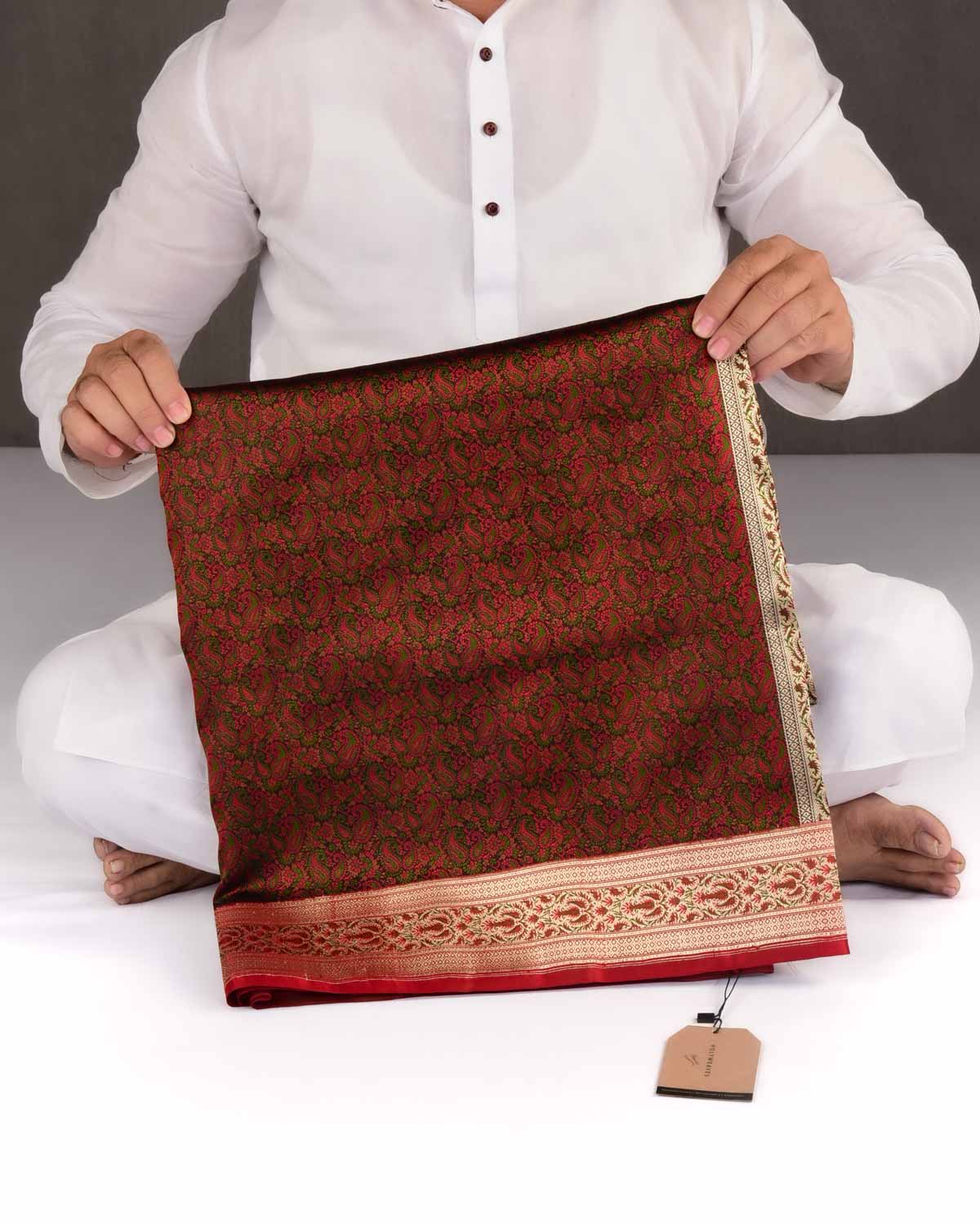 Black Banarasi Tehra Paisley Jaal Jamawar Brocade Handwoven Katan Silk Saree with Gold Zari Border Pallu-HolyWeaves