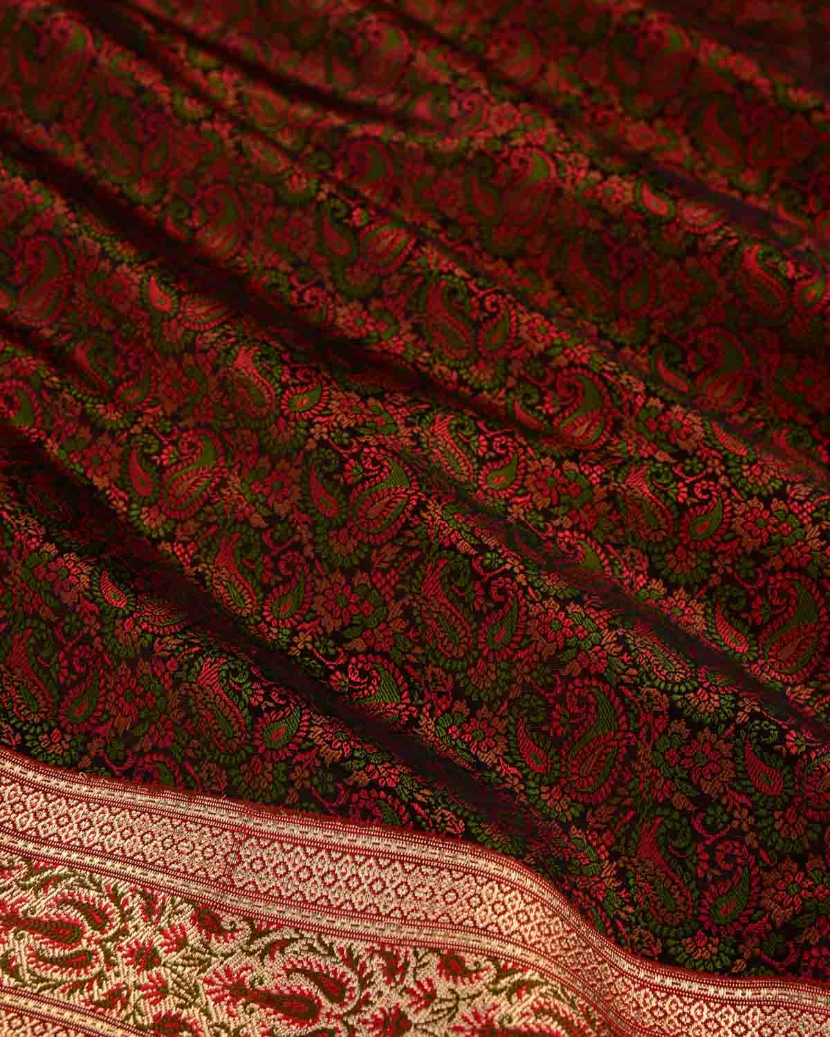 Black Banarasi Tehra Paisley Jaal Jamawar Brocade Handwoven Katan Silk Saree with Gold Zari Border Pallu-HolyWeaves