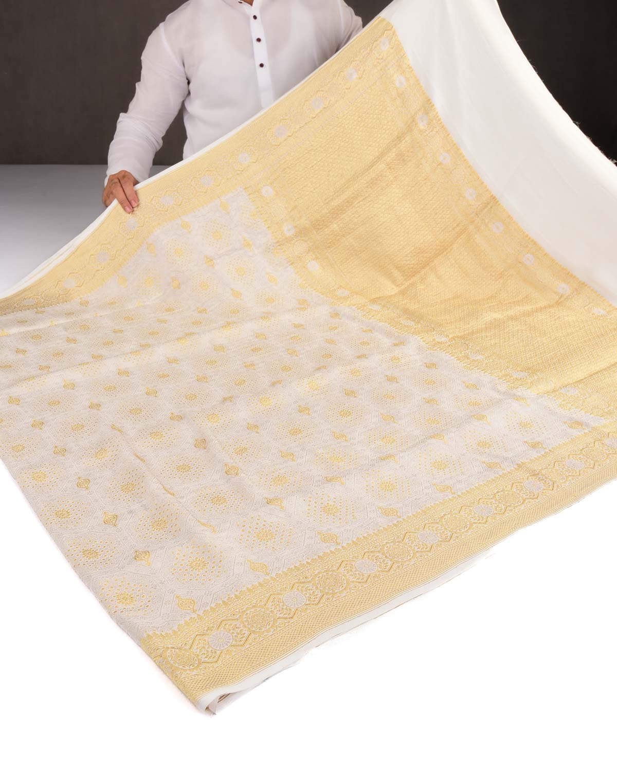 White Banarasi Gold & Silver Zari Brocade Handwoven Khaddi Georgette Saree-HolyWeaves