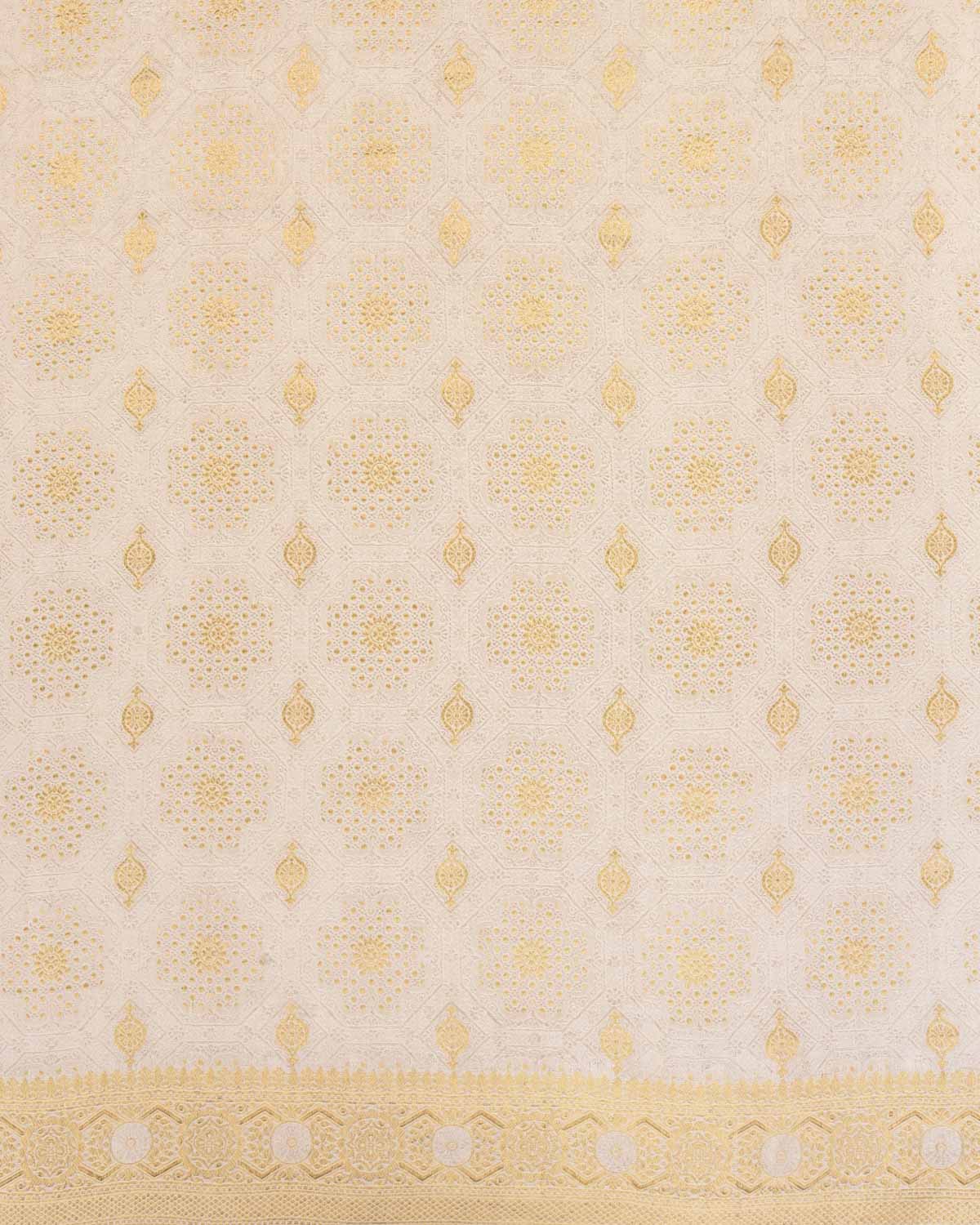 White Banarasi Gold & Silver Zari Brocade Handwoven Khaddi Georgette Saree-HolyWeaves