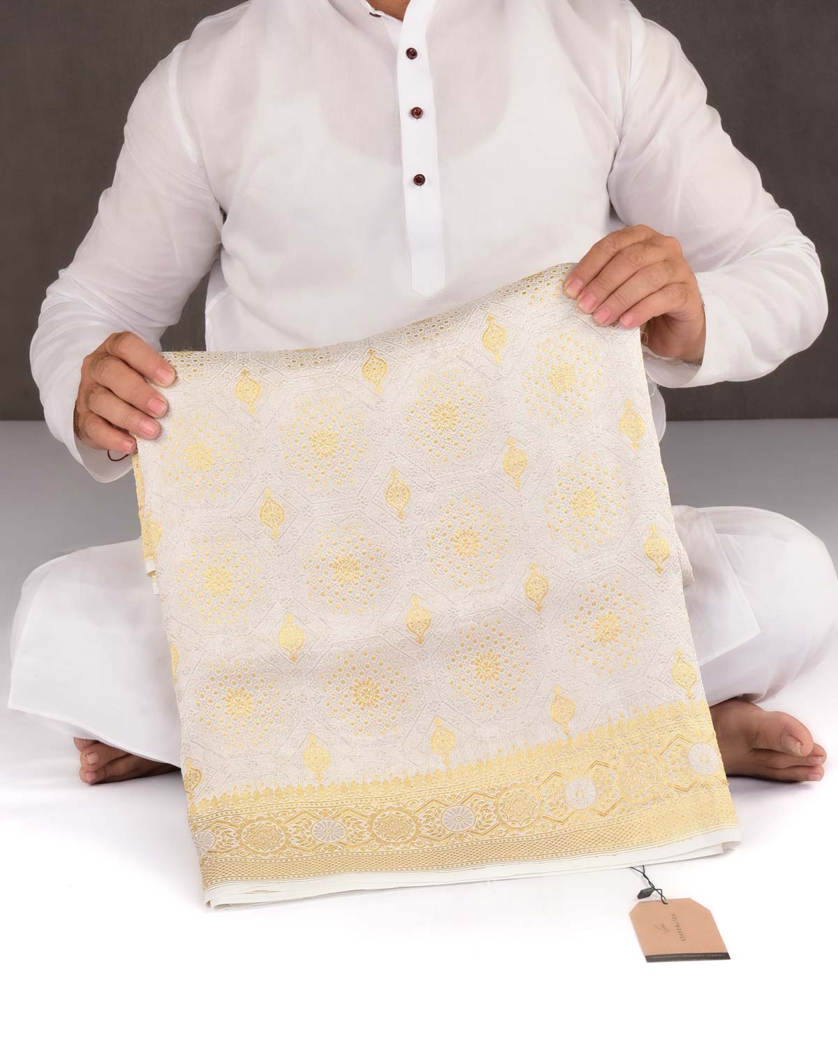 White Banarasi Gold & Silver Zari Brocade Handwoven Khaddi Georgette Saree-HolyWeaves