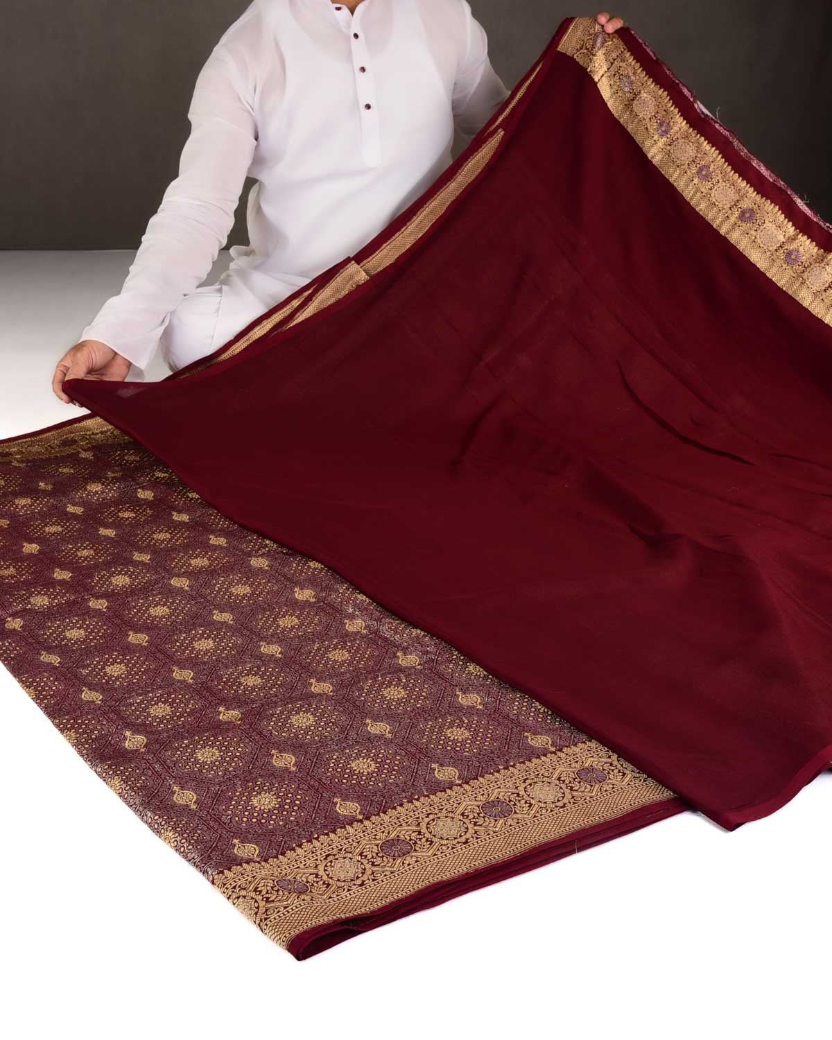Burgundy Gold & Silver Zari Brocade Handwoven Khaddi Georgette Banarasi Saree-HolyWeaves