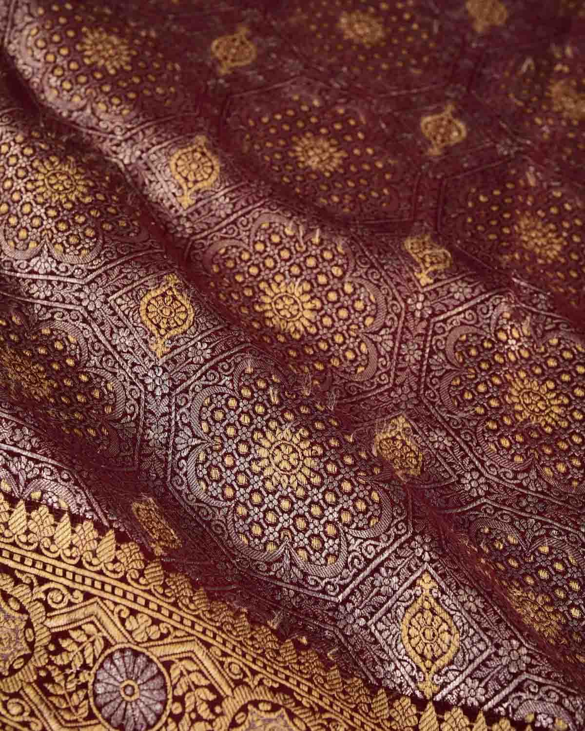 Burgundy Gold & Silver Zari Brocade Handwoven Khaddi Georgette Banarasi Saree-HolyWeaves