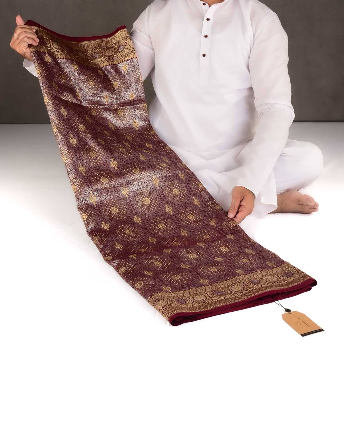 Burgundy Gold & Silver Zari Brocade Handwoven Khaddi Georgette Banarasi Saree-HolyWeaves