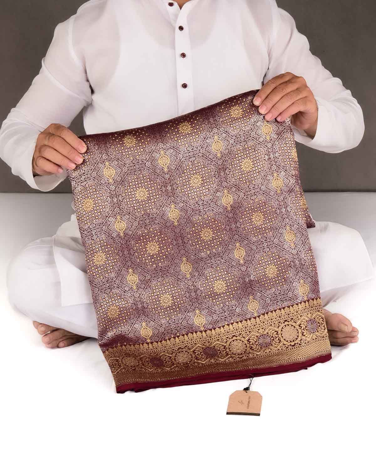 Burgundy Gold & Silver Zari Brocade Handwoven Khaddi Georgette Banarasi Saree-HolyWeaves