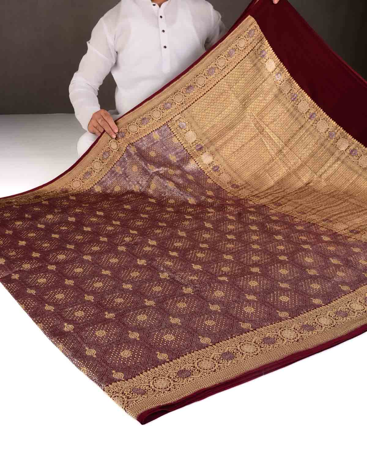 Burgundy Gold & Silver Zari Brocade Handwoven Khaddi Georgette Banarasi Saree-HolyWeaves