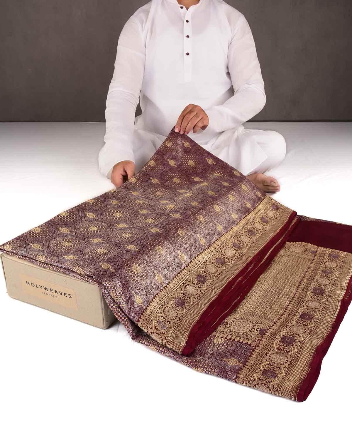Burgundy Gold & Silver Zari Brocade Handwoven Khaddi Georgette Banarasi Saree-HolyWeaves