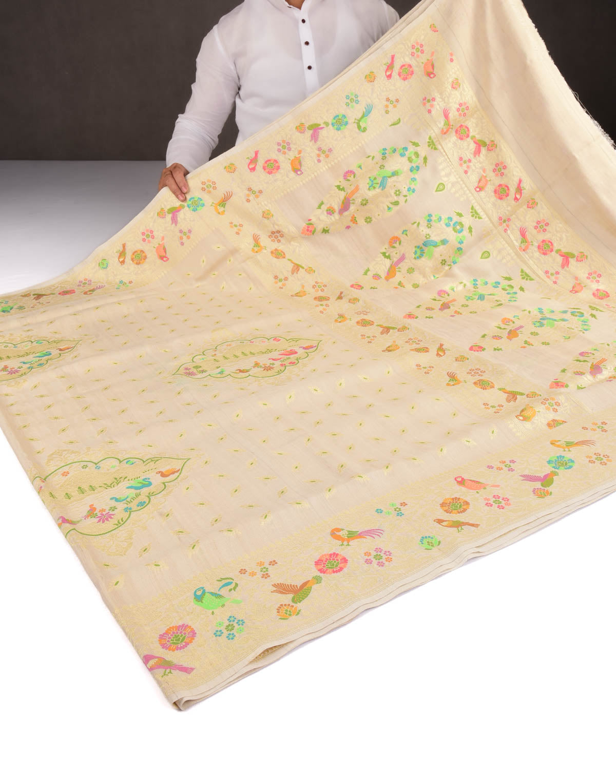 Beige Banarasi Gold Zari and Multi-color Resham Cutwork Brocade Handwoven Tasar Georgette Saree-HolyWeaves