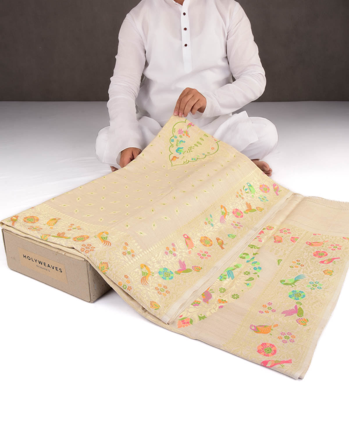 Beige Banarasi Gold Zari and Multi-color Resham Cutwork Brocade Handwoven Tasar Georgette Saree-HolyWeaves