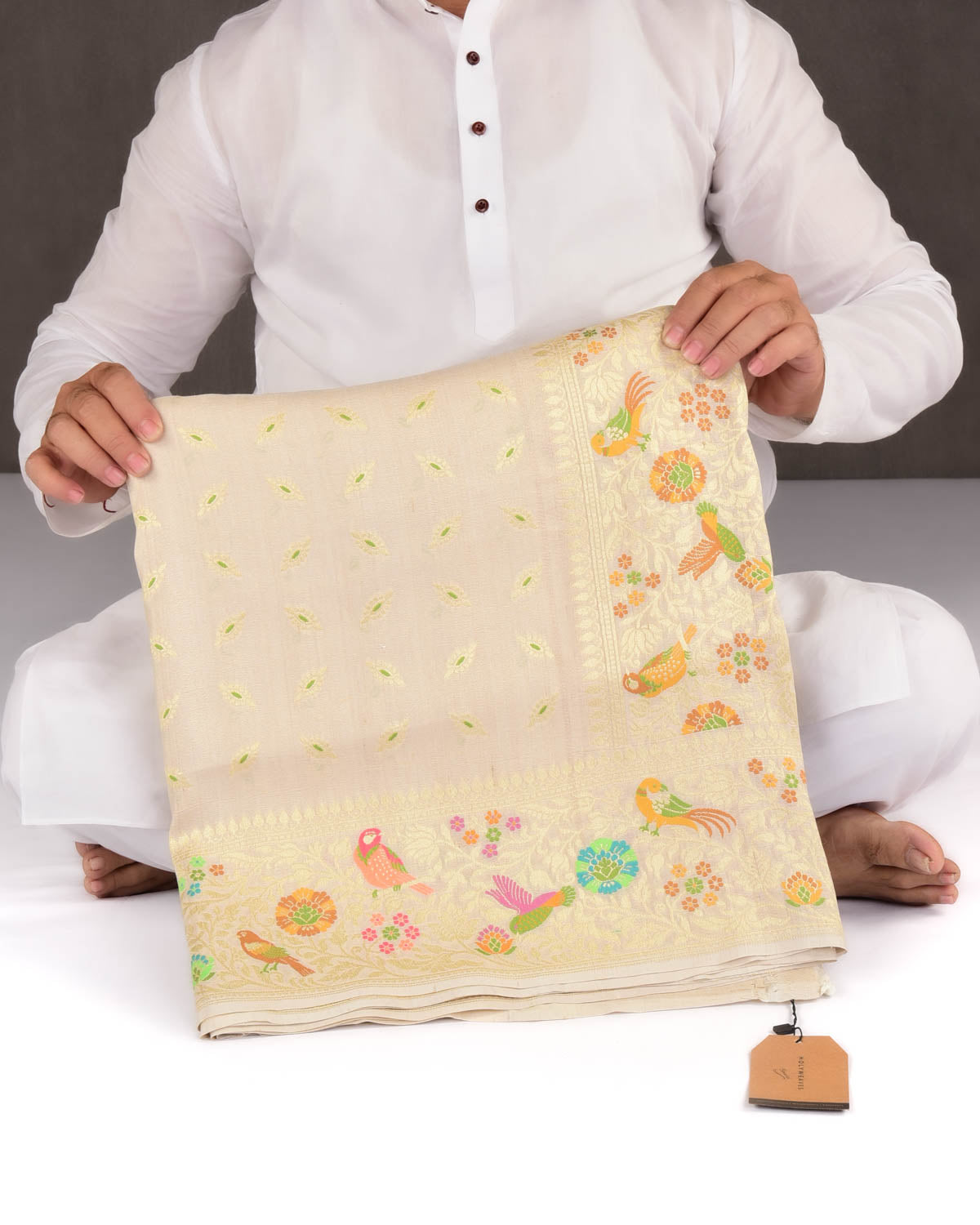 Beige Banarasi Gold Zari and Multi-color Resham Cutwork Brocade Handwoven Tasar Georgette Saree-HolyWeaves