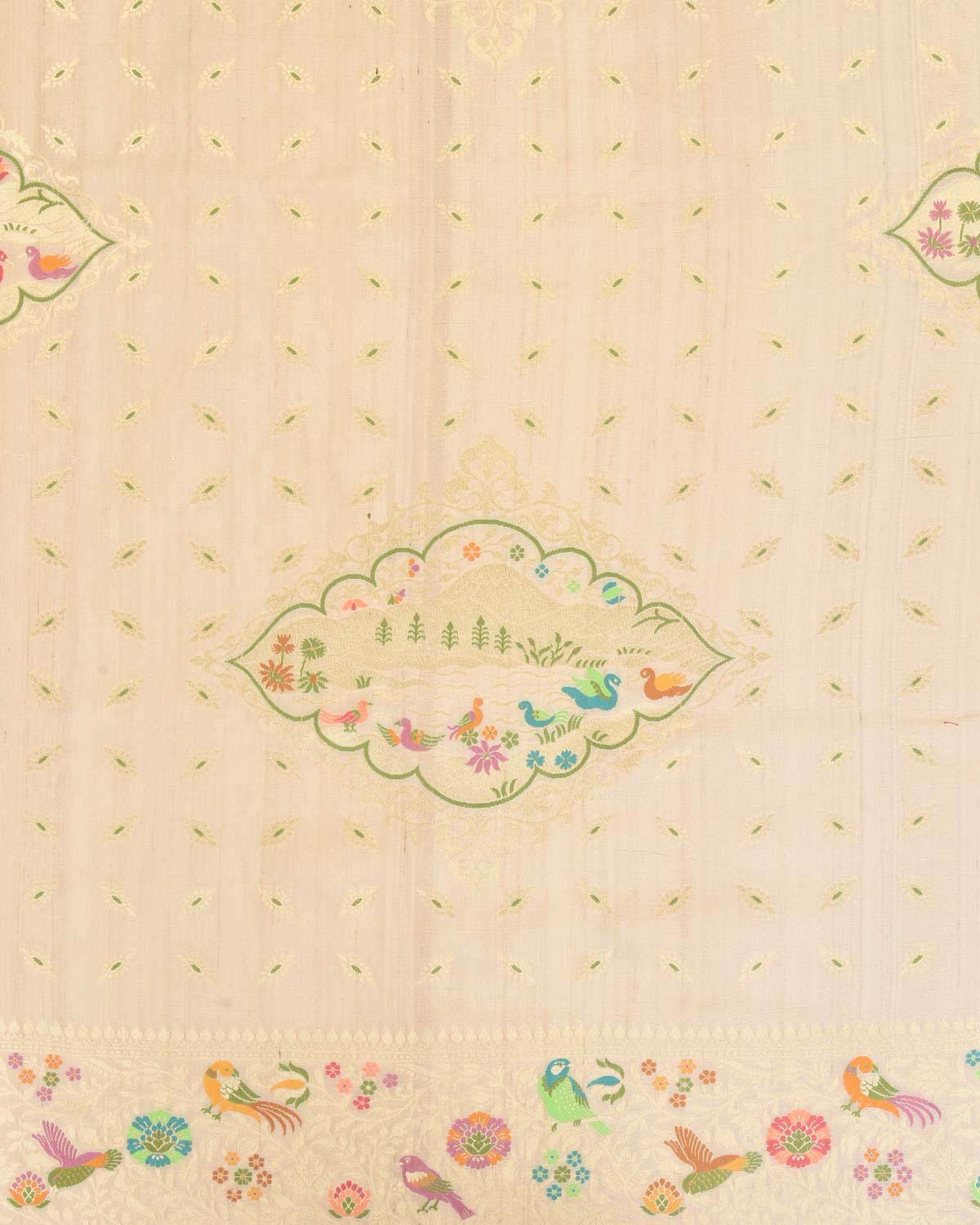 Beige Banarasi Gold Zari and Multi-color Resham Cutwork Brocade Handwoven Tasar Georgette Saree-HolyWeaves