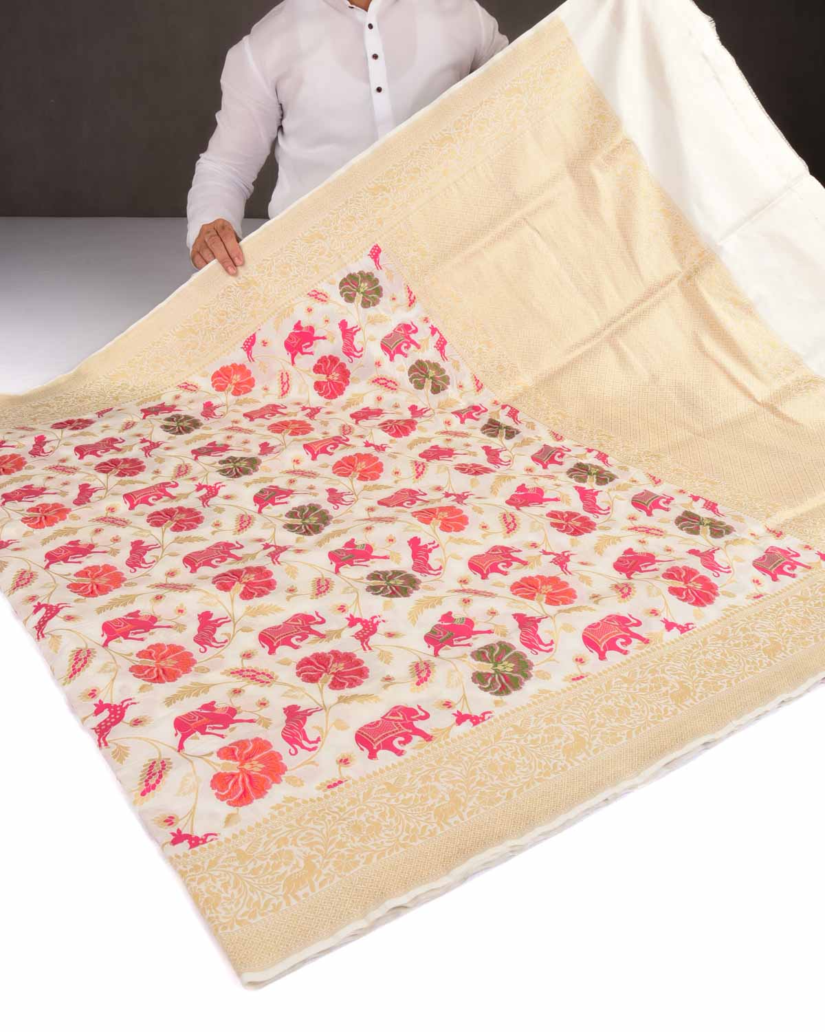 White Banarasi Gold Zari & Resham Shikargah Cutwork Brocade Handwoven Katan Silk Saree-HolyWeaves