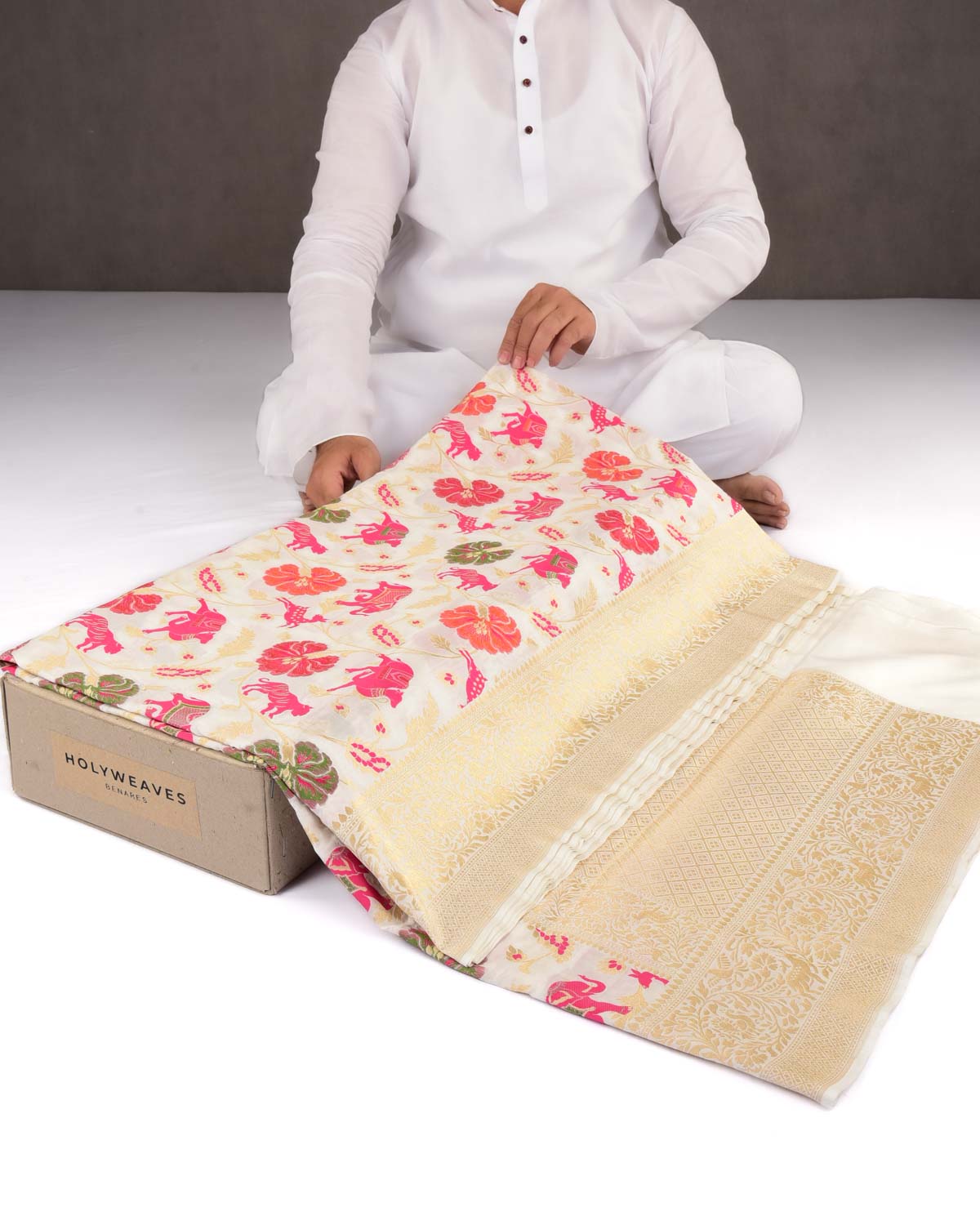 White Banarasi Gold Zari & Resham Shikargah Cutwork Brocade Handwoven Katan Silk Saree-HolyWeaves