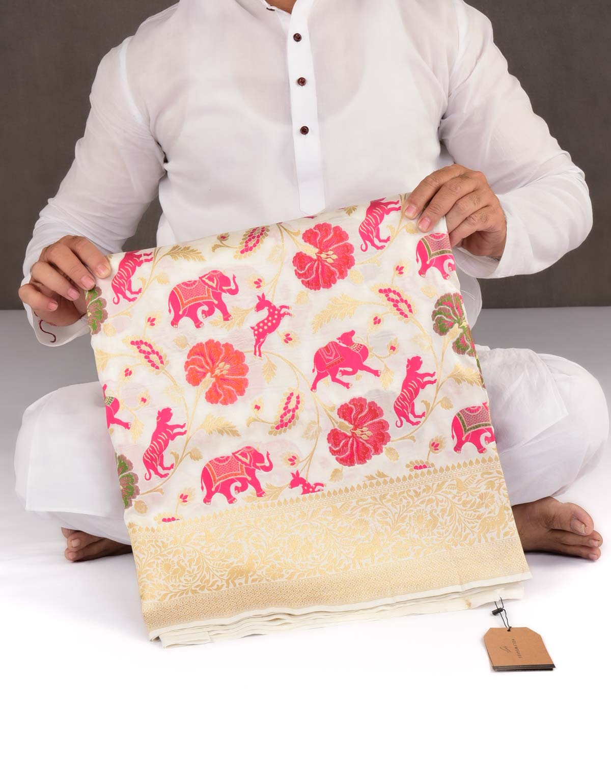 White Banarasi Gold Zari & Resham Shikargah Cutwork Brocade Handwoven Katan Silk Saree-HolyWeaves