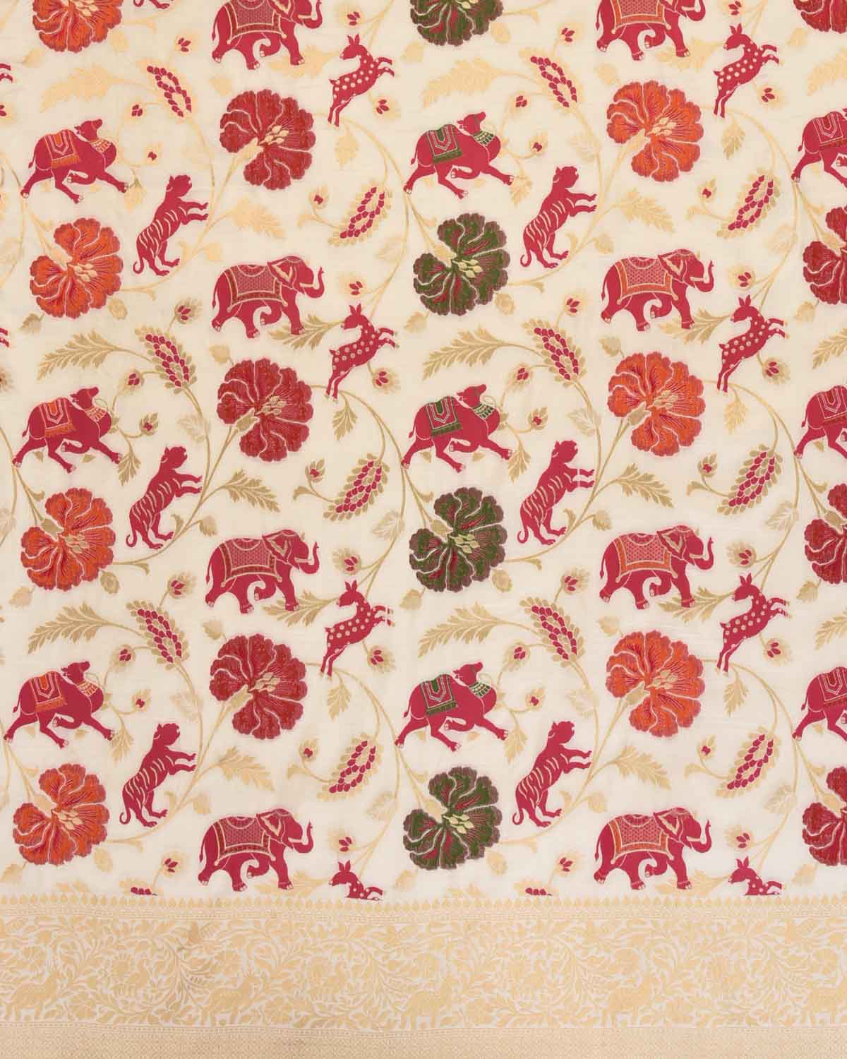 White Banarasi Gold Zari & Resham Shikargah Cutwork Brocade Handwoven Katan Silk Saree-HolyWeaves