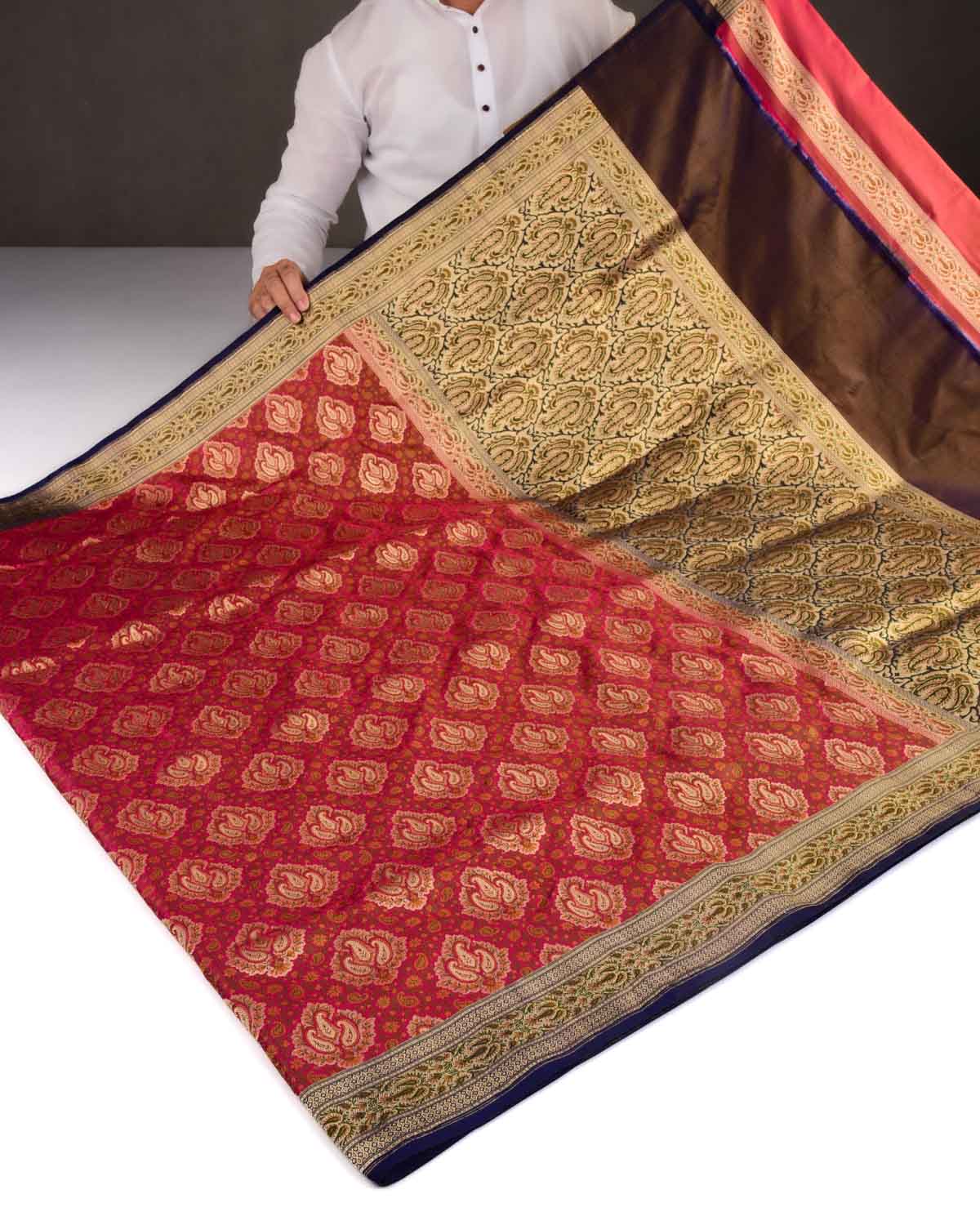 Shot Magenta Banarasi Gold Zari & Resham Tehri Jamawar Brocade Handwoven Katan Silk Saree-HolyWeaves