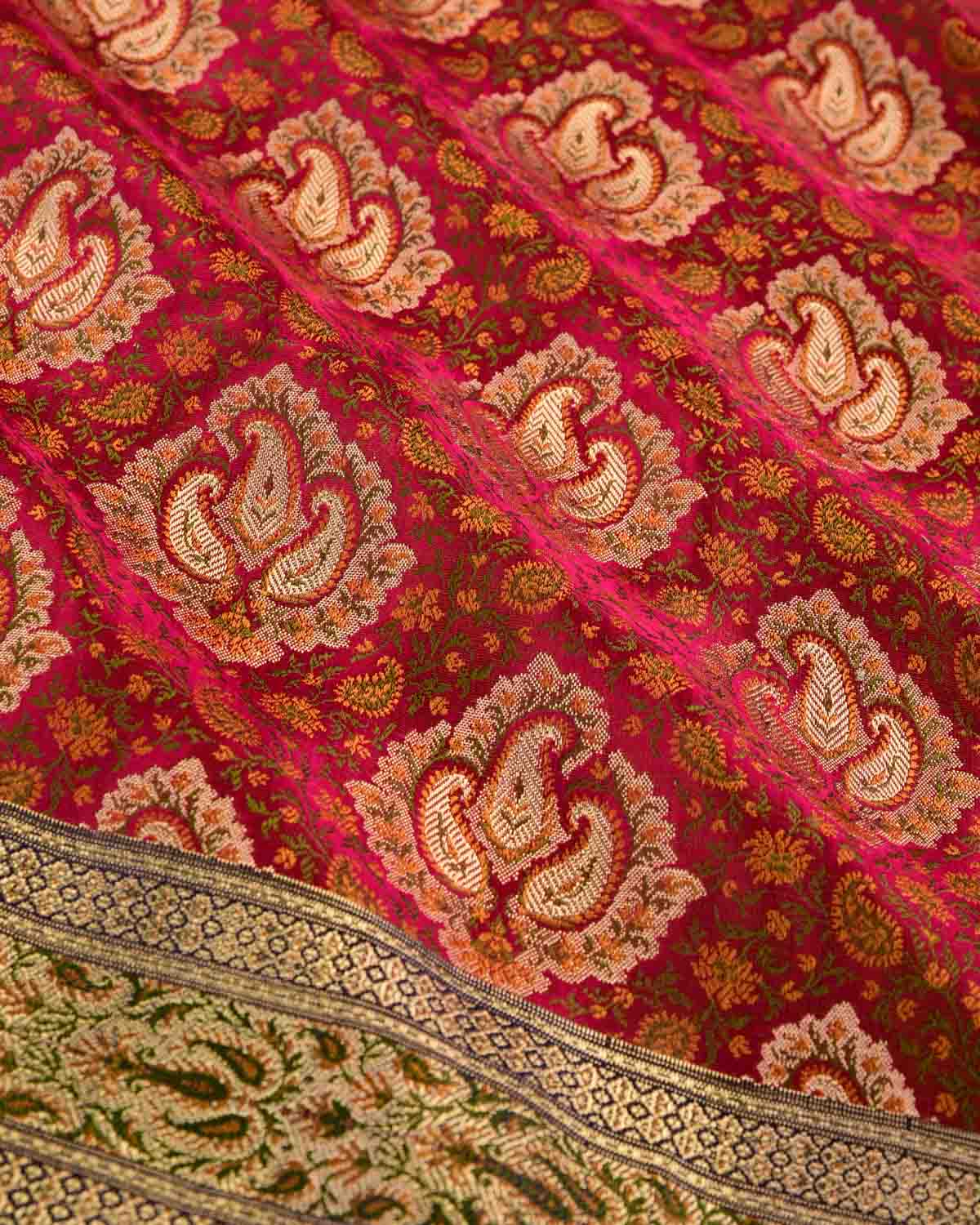 Shot Magenta Banarasi Gold Zari & Resham Tehri Jamawar Brocade Handwoven Katan Silk Saree-HolyWeaves