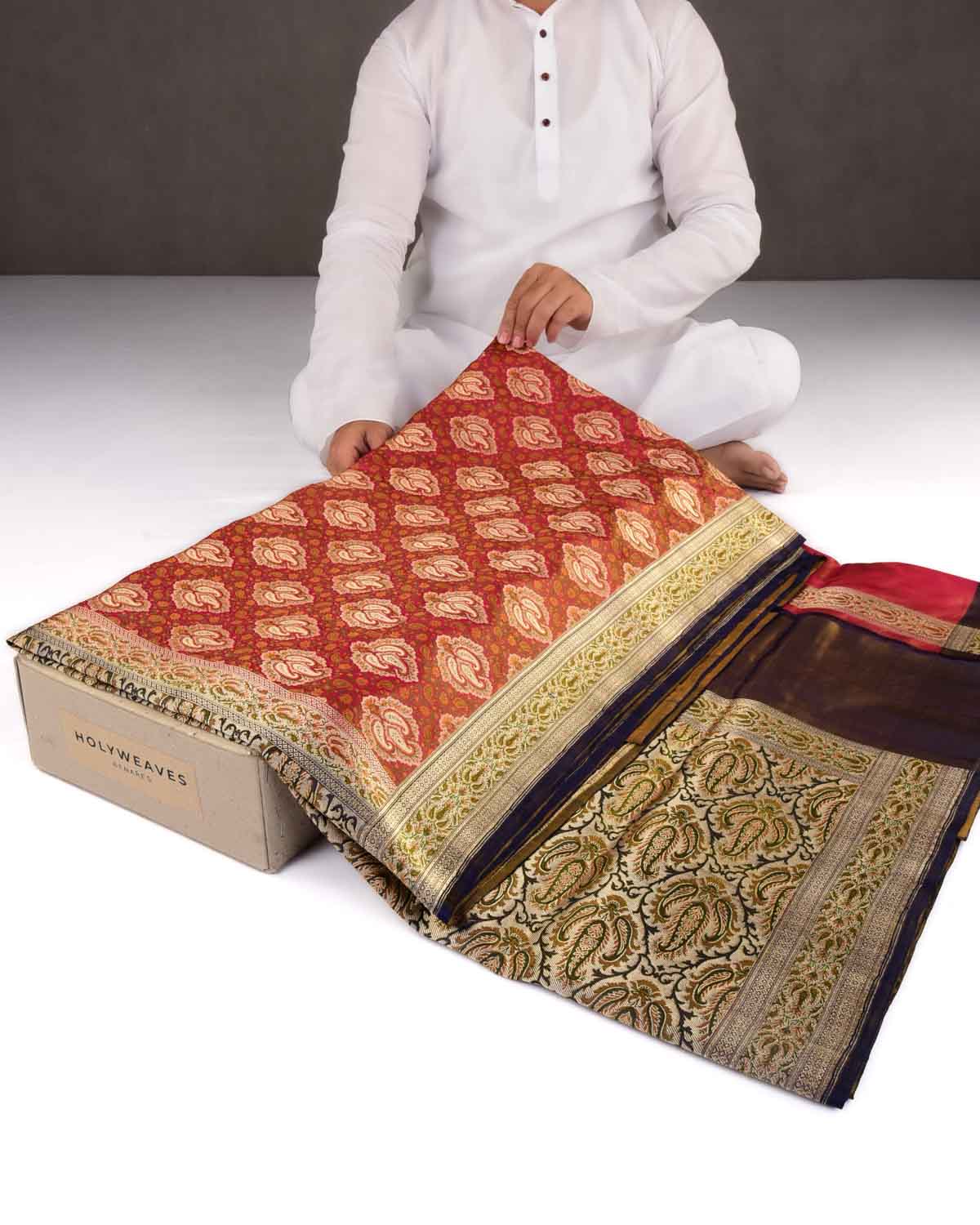 Shot Magenta Banarasi Gold Zari & Resham Tehri Jamawar Brocade Handwoven Katan Silk Saree-HolyWeaves