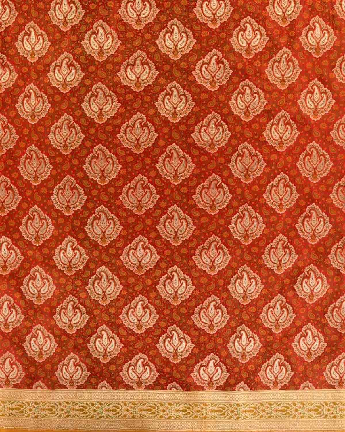 Bridal Red Banarasi Gold Zari & Resham Tehri Jamawar Brocade Handwoven Katan Silk Saree with Contrast Border Pallu-HolyWeaves