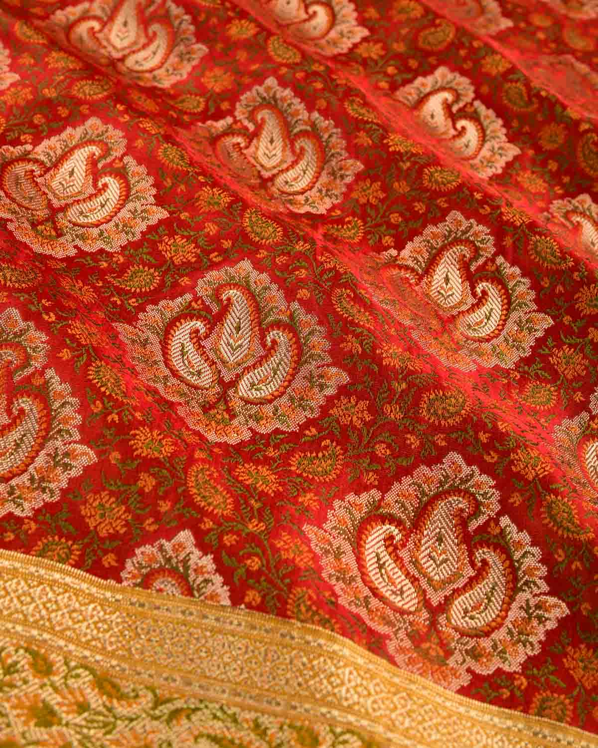 Bridal Red Banarasi Gold Zari & Resham Tehri Jamawar Brocade Handwoven Katan Silk Saree with Contrast Border Pallu-HolyWeaves