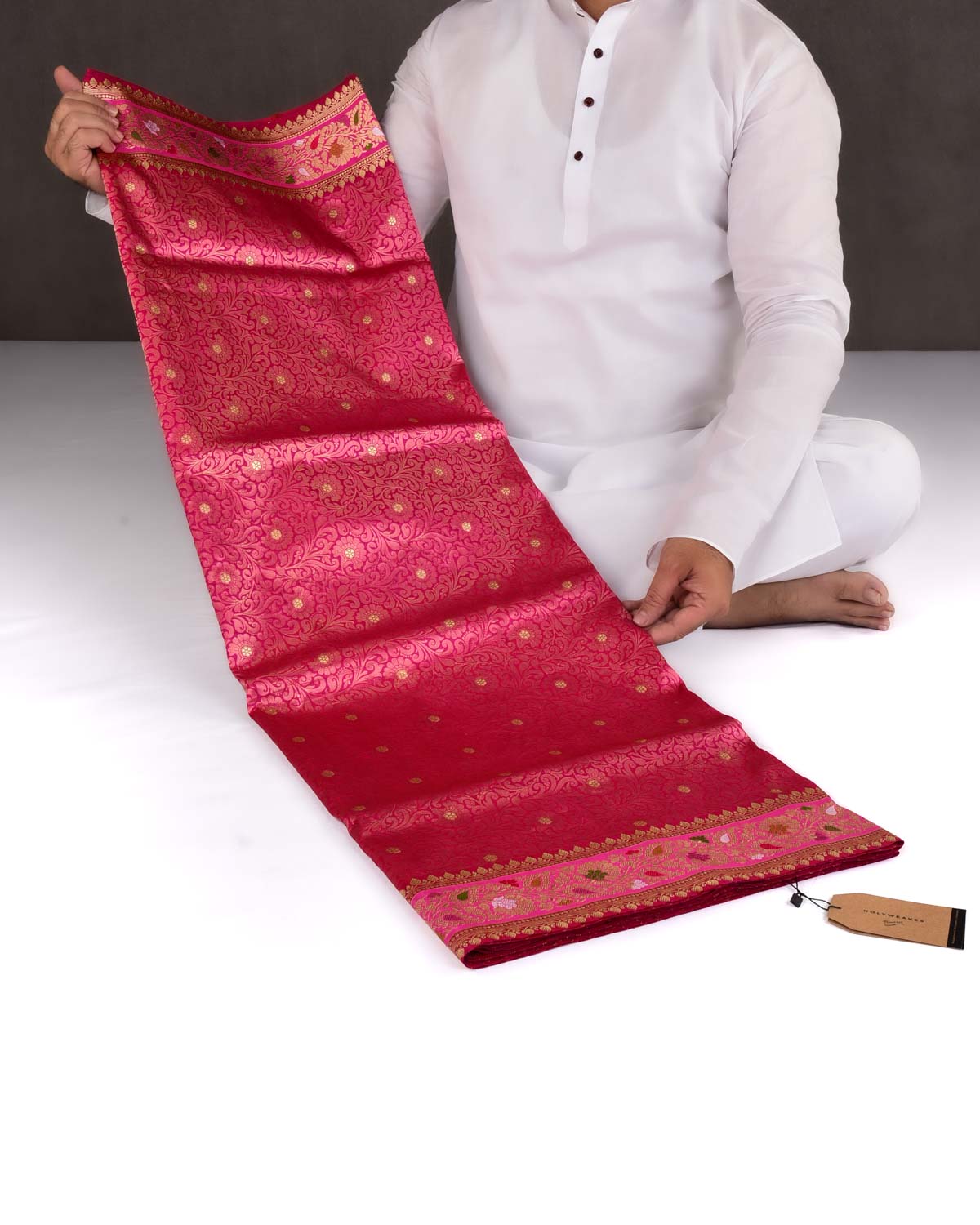 Rani Pink Banarasi Gold Zari Jaal Cutwork Brocade Handwoven Katan Silk Saree-HolyWeaves