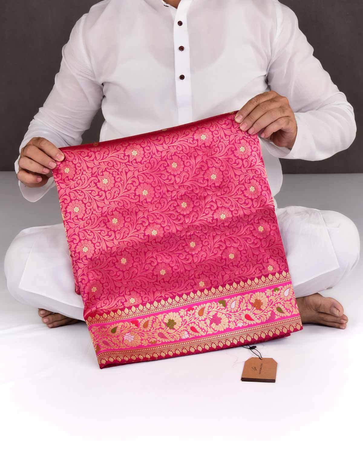 Rani Pink Banarasi Gold Zari Jaal Cutwork Brocade Handwoven Katan Silk Saree-HolyWeaves