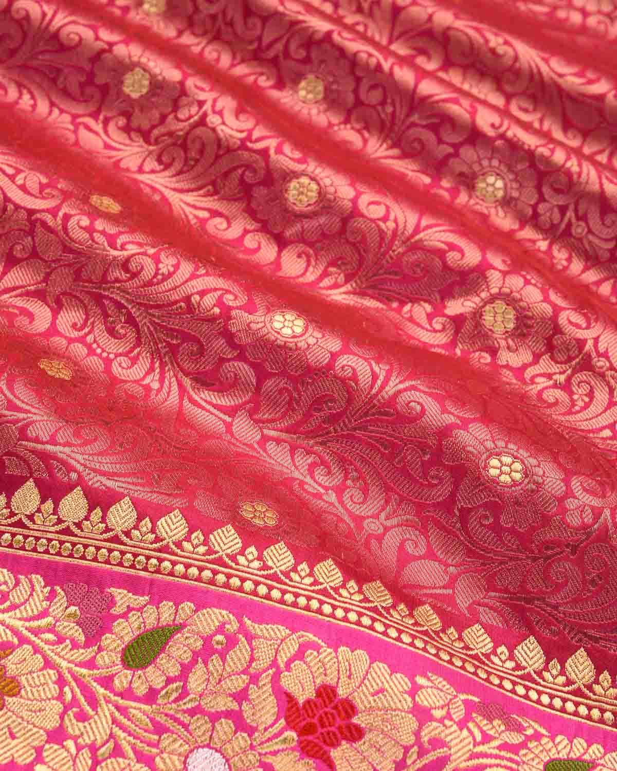 Rani Pink Banarasi Gold Zari Jaal Cutwork Brocade Handwoven Katan Silk Saree-HolyWeaves