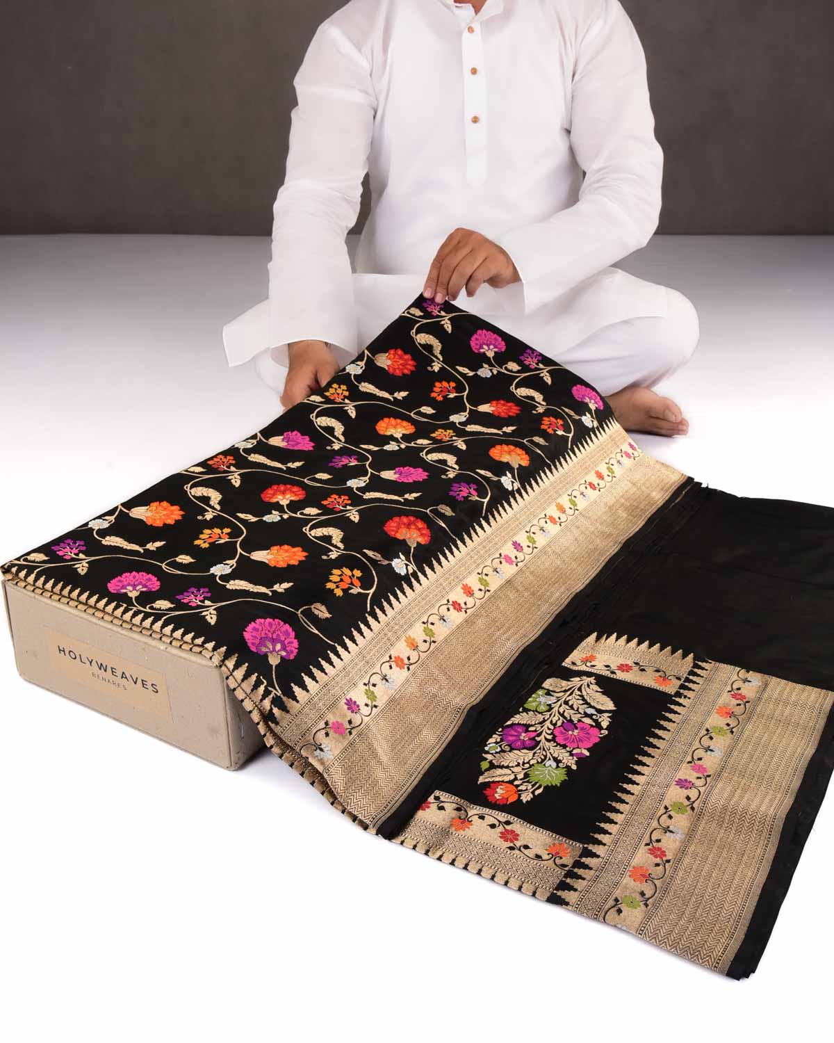 Black Banarasi Gold Zari & Resham Jaal Cutwork Brocade Handwoven Katan Silk Saree-HolyWeaves