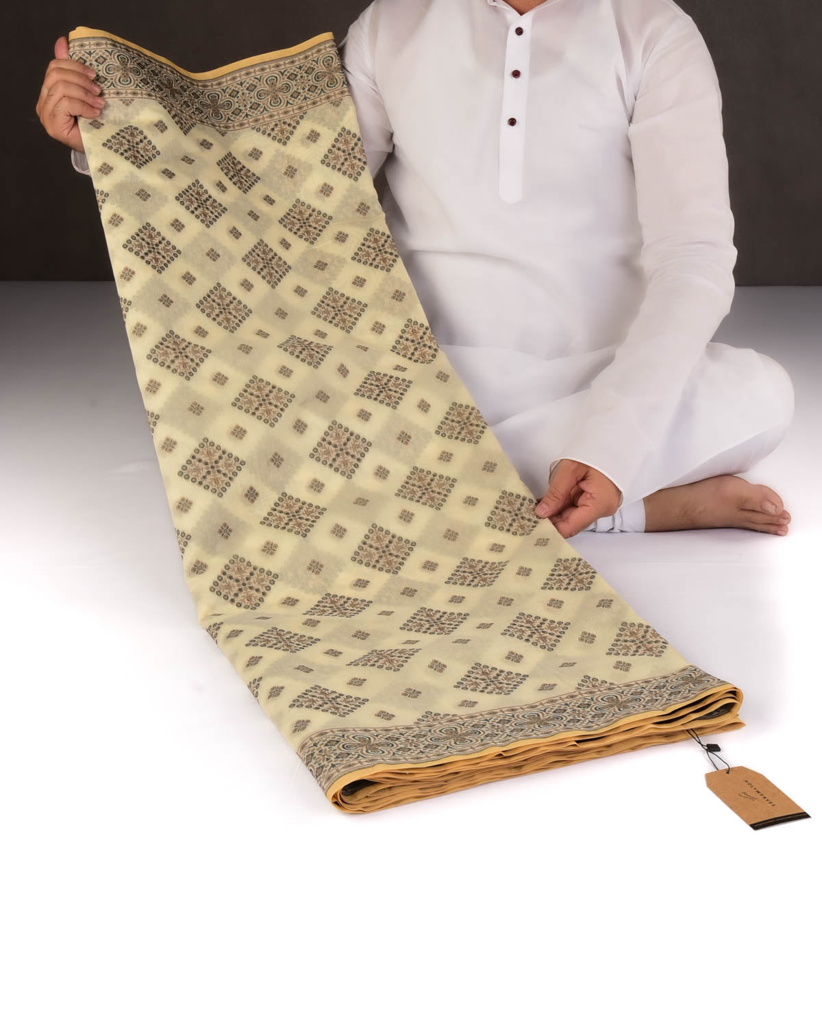 Black On Cream Banarasi Alfi Resham Cutwork Brocade Woven Art Cotton Silk Saree-HolyWeaves