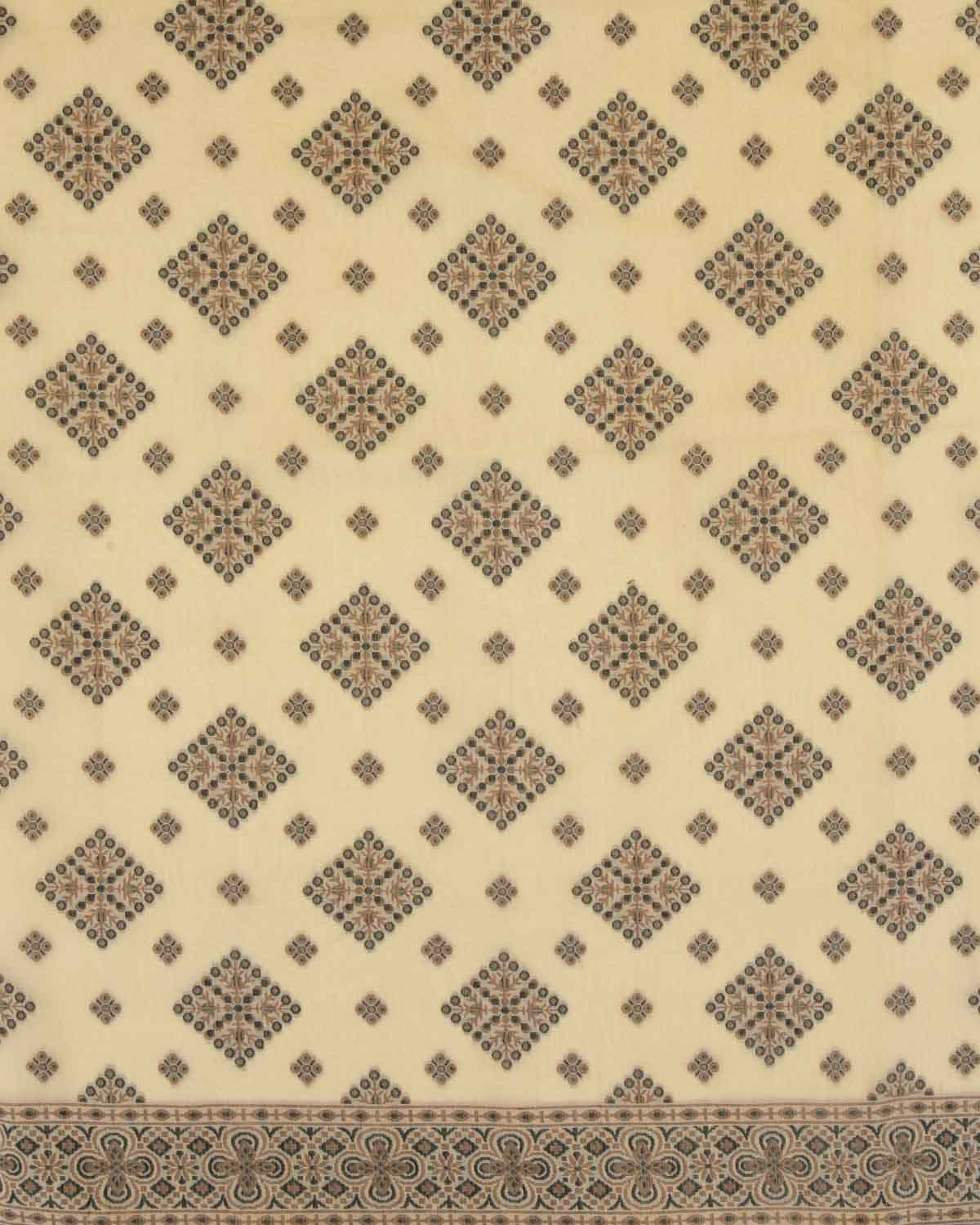 Black On Cream Banarasi Alfi Resham Cutwork Brocade Woven Art Cotton Silk Saree-HolyWeaves