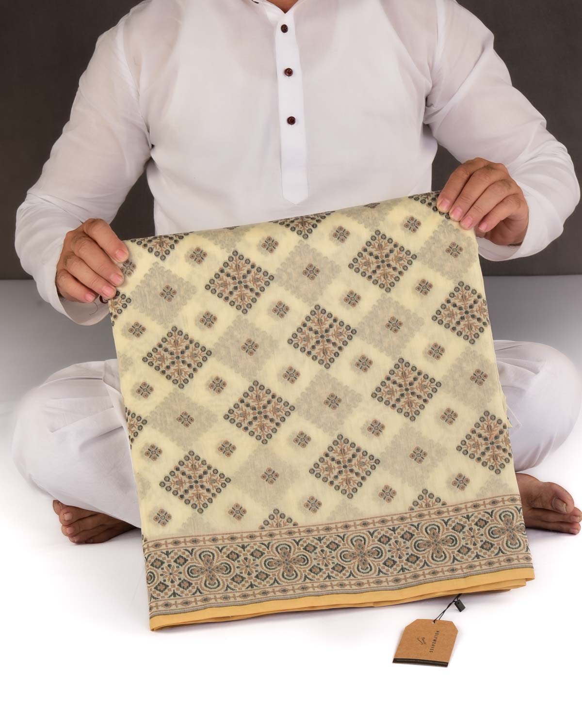 Black On Cream Banarasi Alfi Resham Cutwork Brocade Woven Art Cotton Silk Saree-HolyWeaves