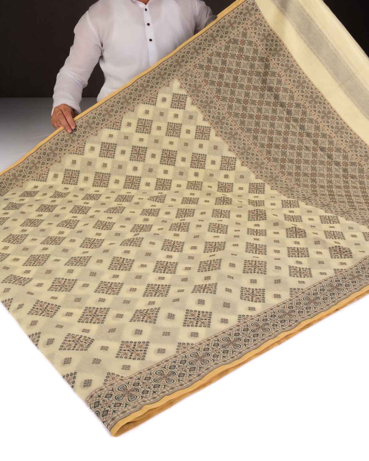 Black On Cream Banarasi Alfi Resham Cutwork Brocade Woven Art Cotton Silk Saree-HolyWeaves