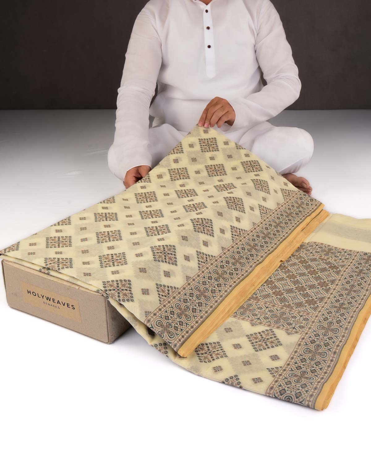 Black On Cream Banarasi Alfi Resham Cutwork Brocade Woven Art Cotton Silk Saree-HolyWeaves