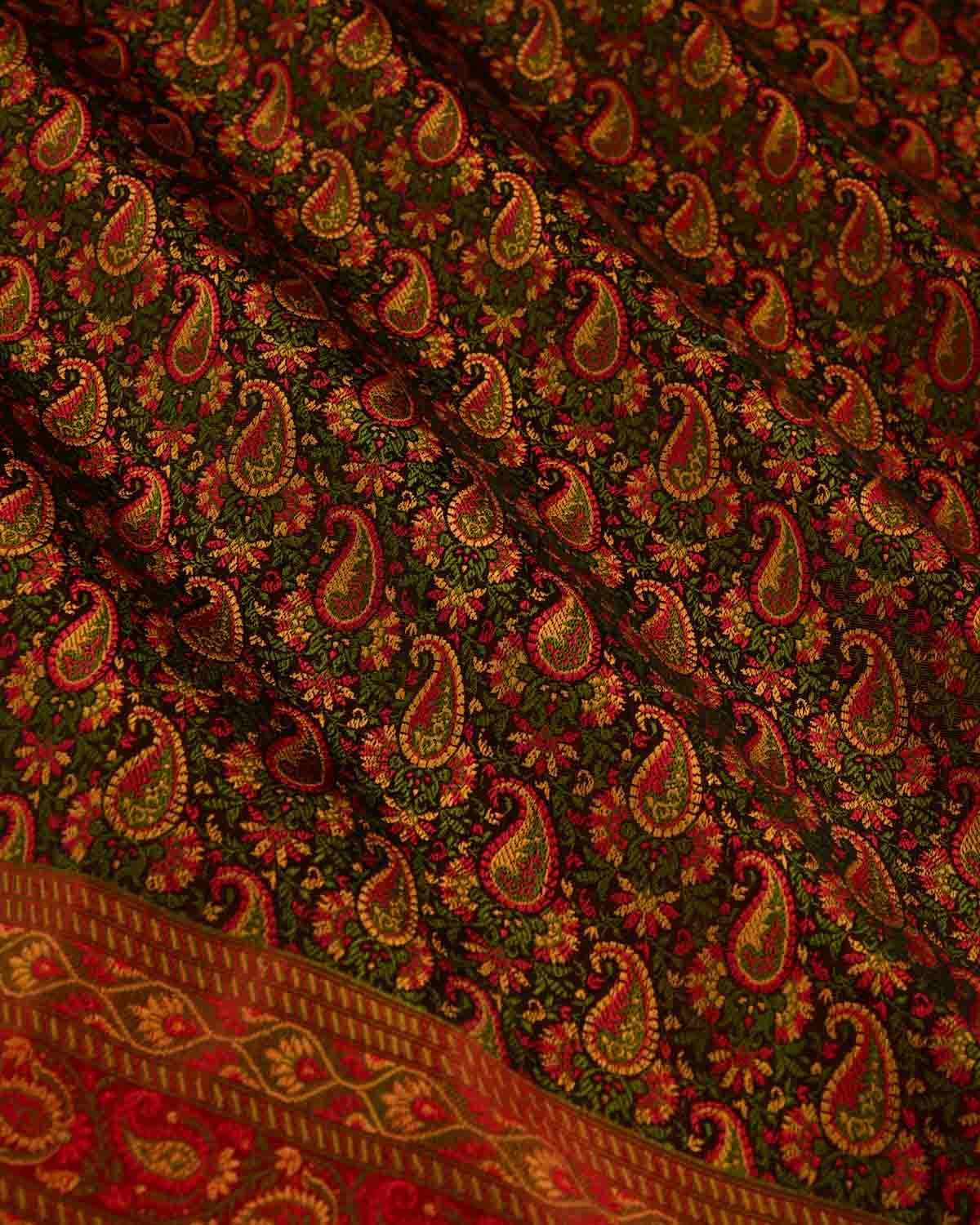 Black Banarasi Multi-Color Resham Paisley Jamawar Handwoven Katan Silk Saree-HolyWeaves